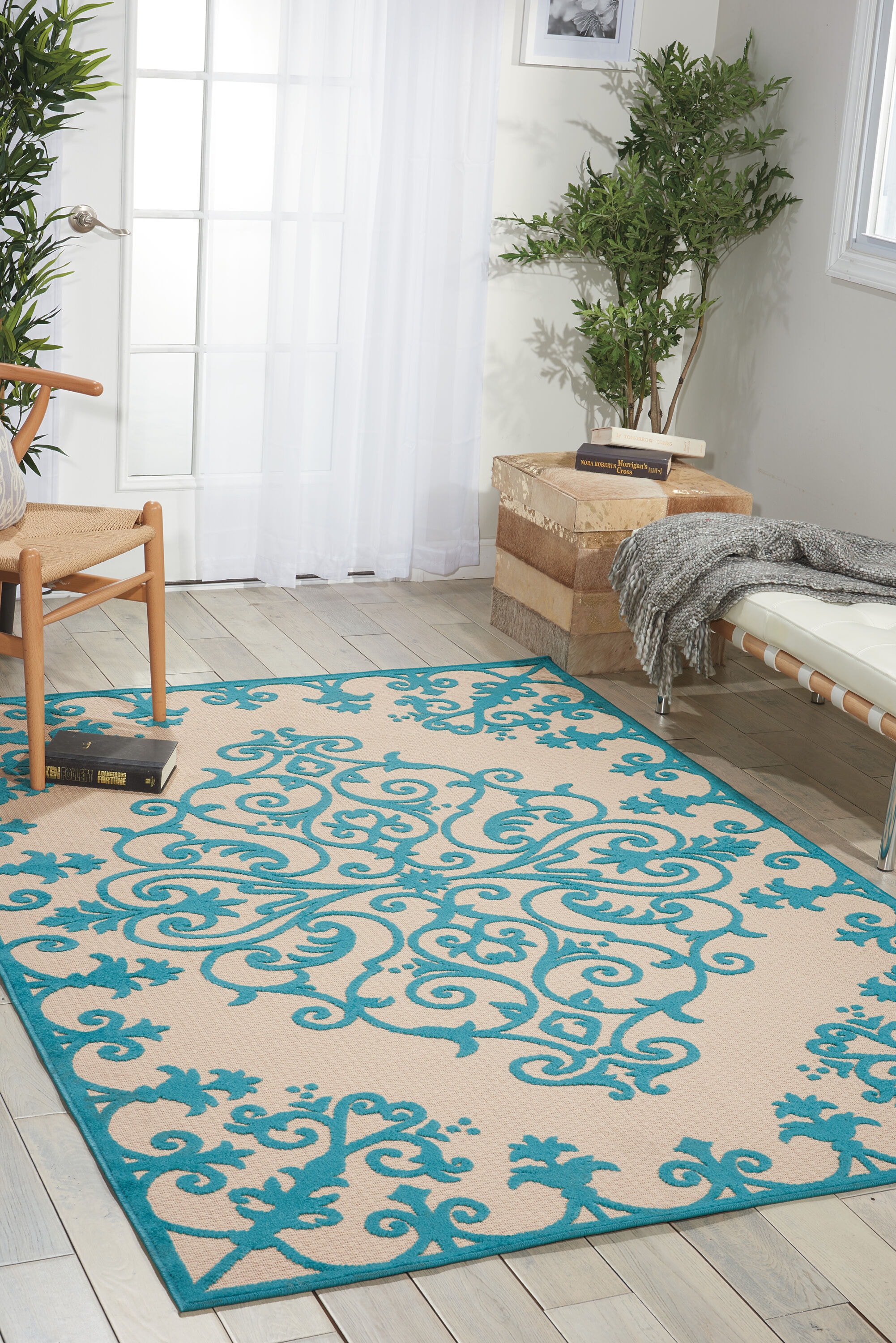 Nourison 24286 Aloha 5 x 7 (ft) Polypropylene Aqua Rectangular Indoor/Outdoor Abstract Coastal Area rug