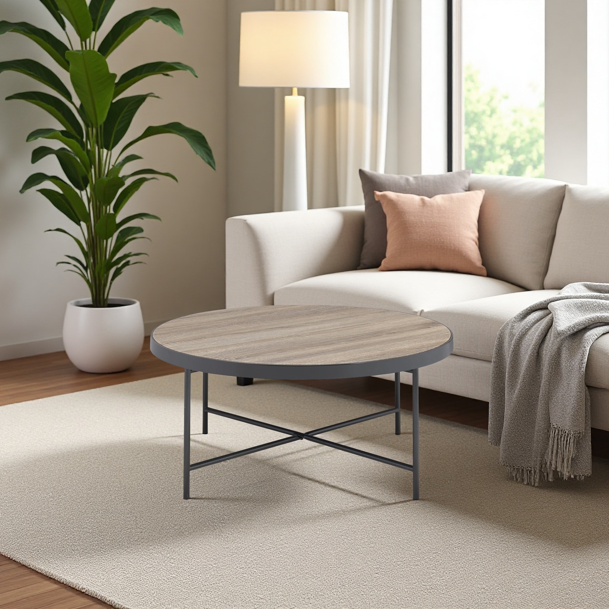 zwyo hosimu - 32-in W Round Weathered Gray Oak Top Metal Base Coffee Table