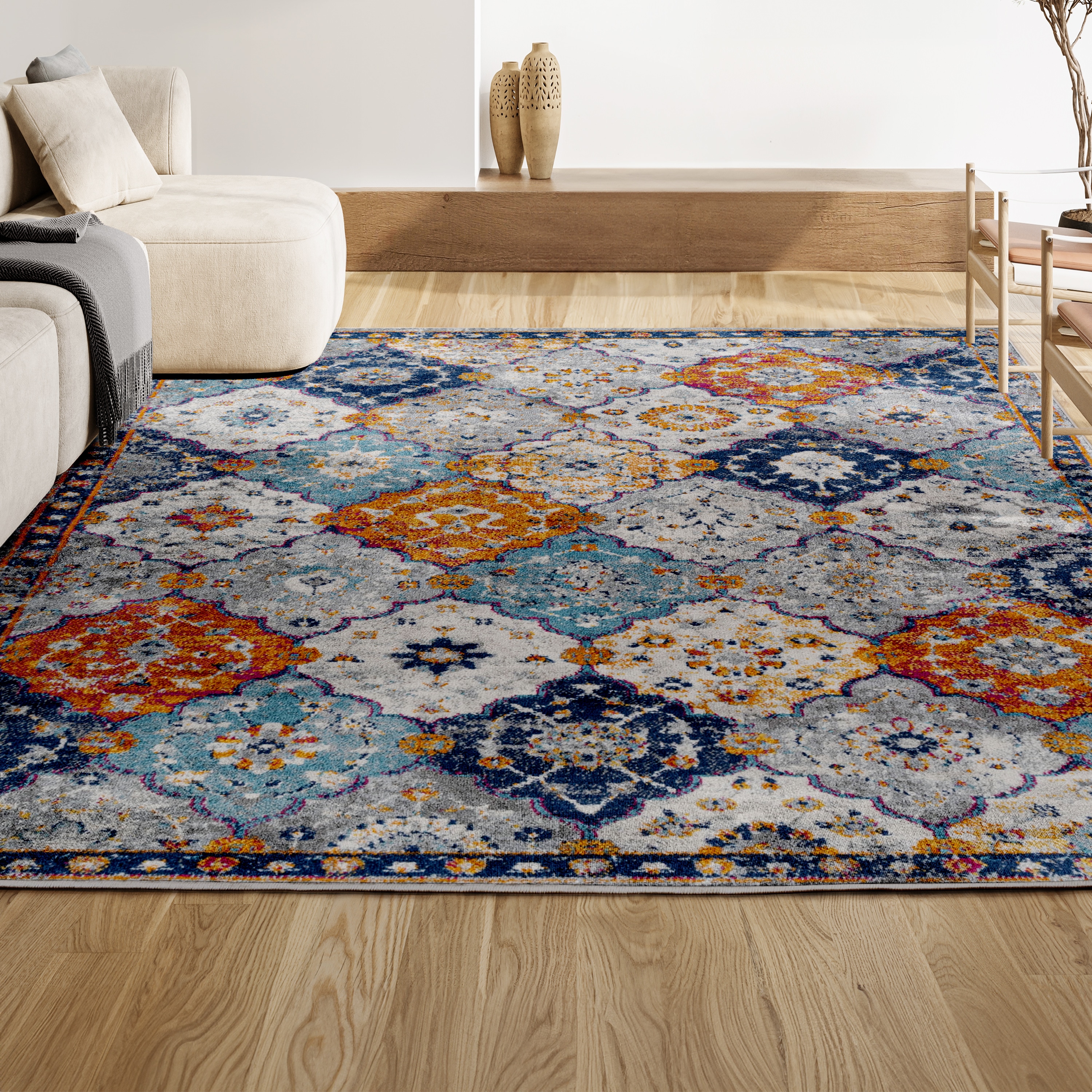 Bohemian Medallion 9' x 12' Reversible Area Rug in Light Gray & Blue