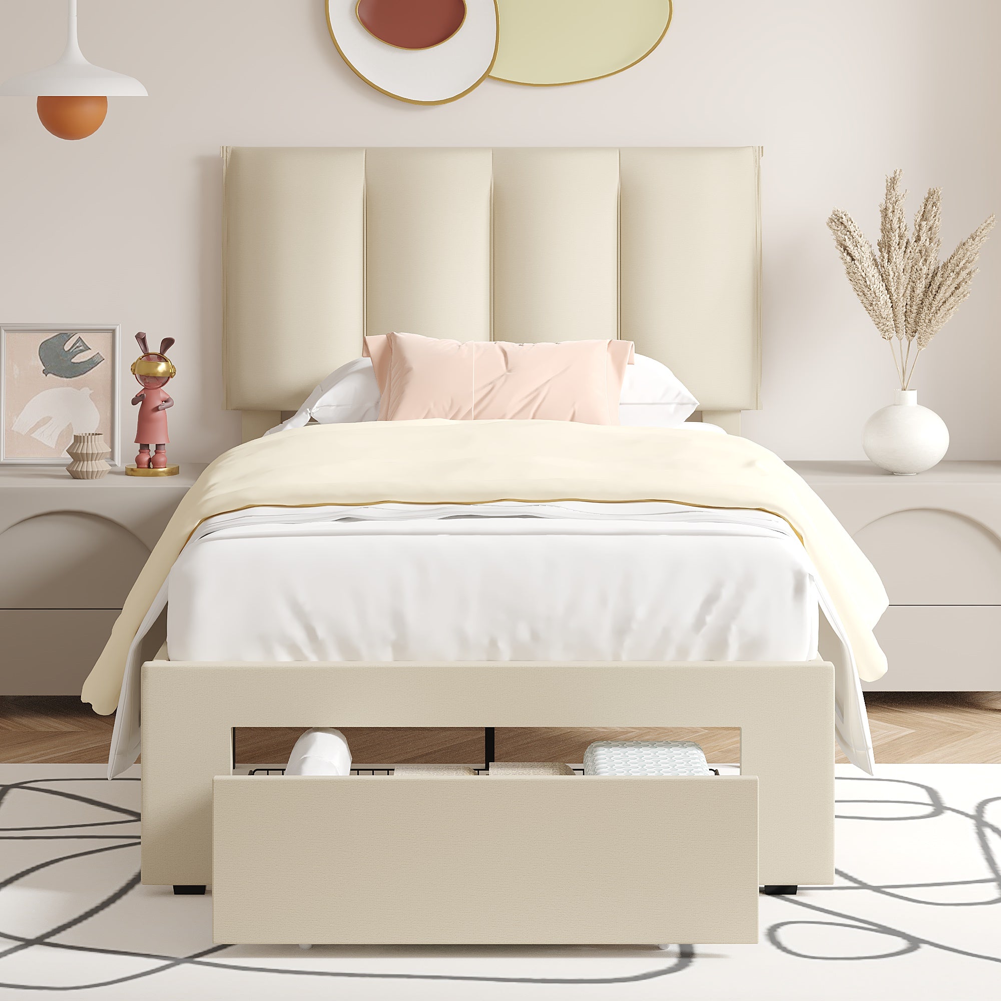 Vecelo LOE-CY-TB04-UP-BGE Bed Frame with Drawer Twin Size Wood Platform Velvet Headboard Beige