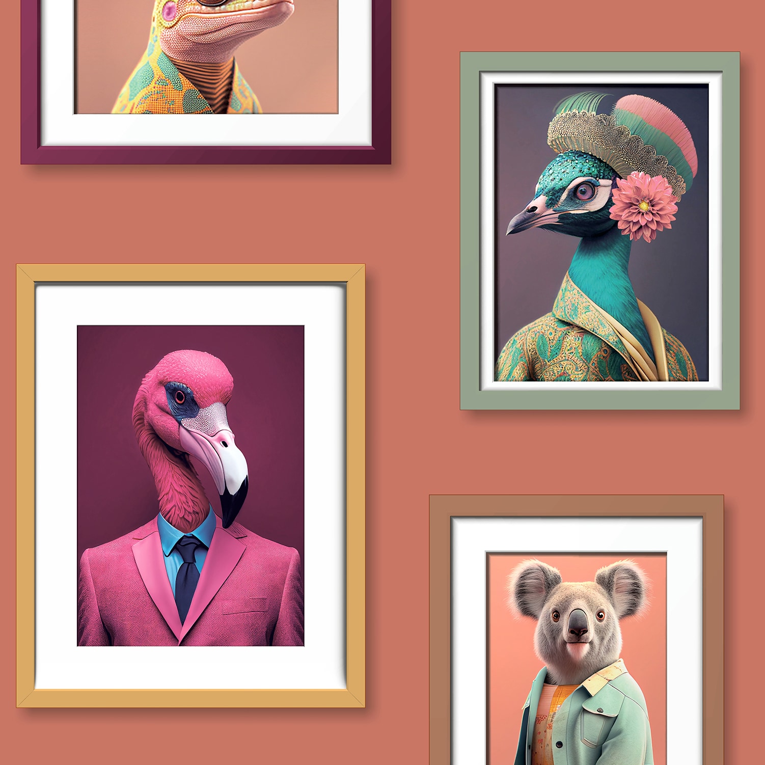Veer Decor Funky Animal Portraits Orange Ground Wallpaper Sample