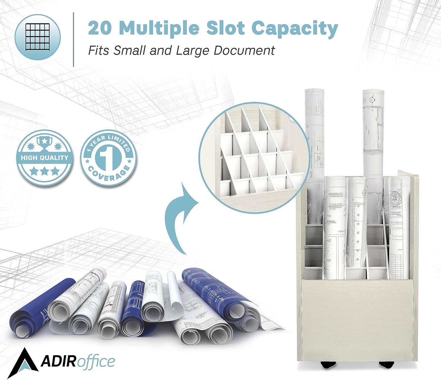 White Mobile Rolling Wood Blueprint Organizer with 20 Compartments