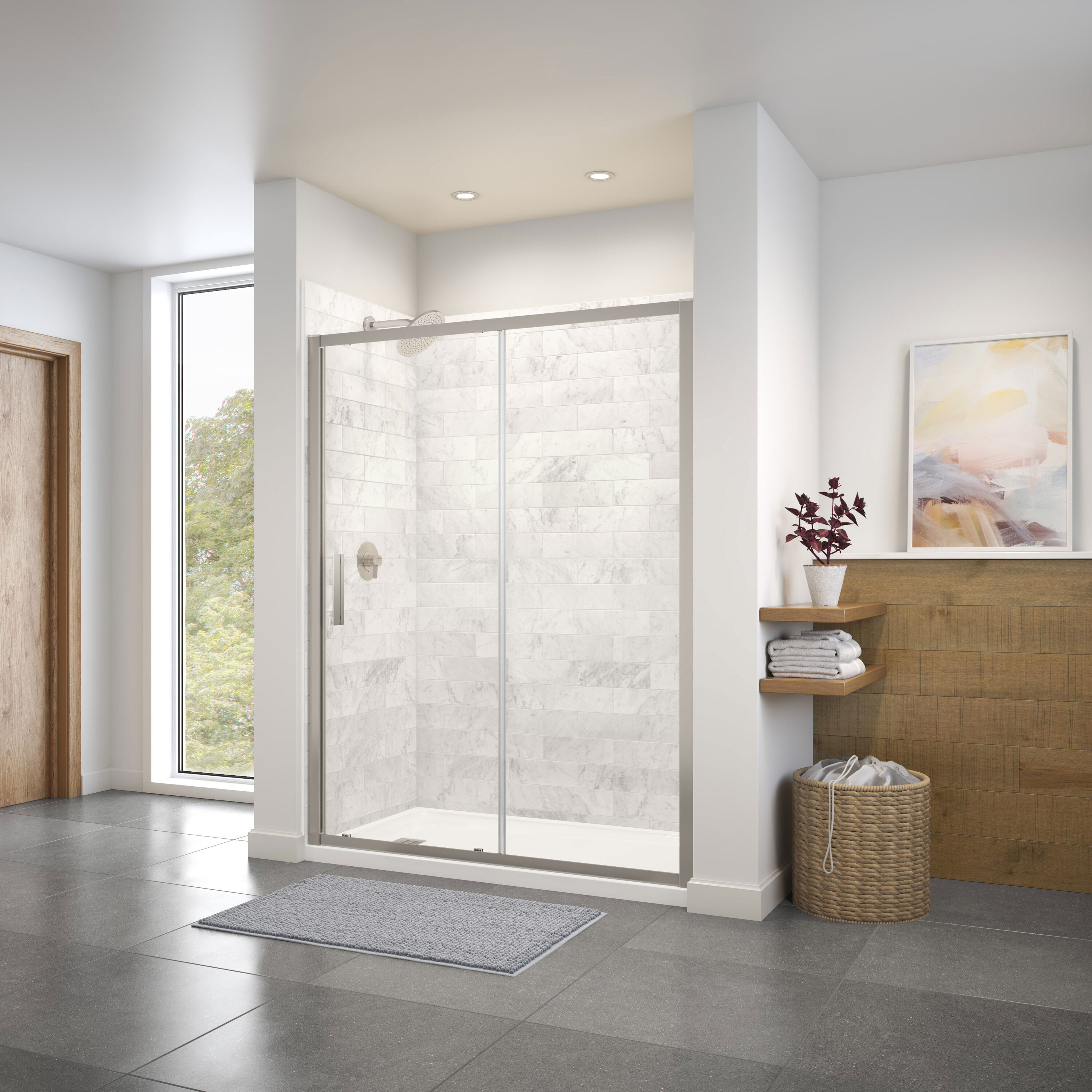 MAAX 135243-900-305-000 Connect Brushed Nickel 55-1/2-in to 57-in W x 72-in H Semi-frameless Clear Glass Sliding Shower door