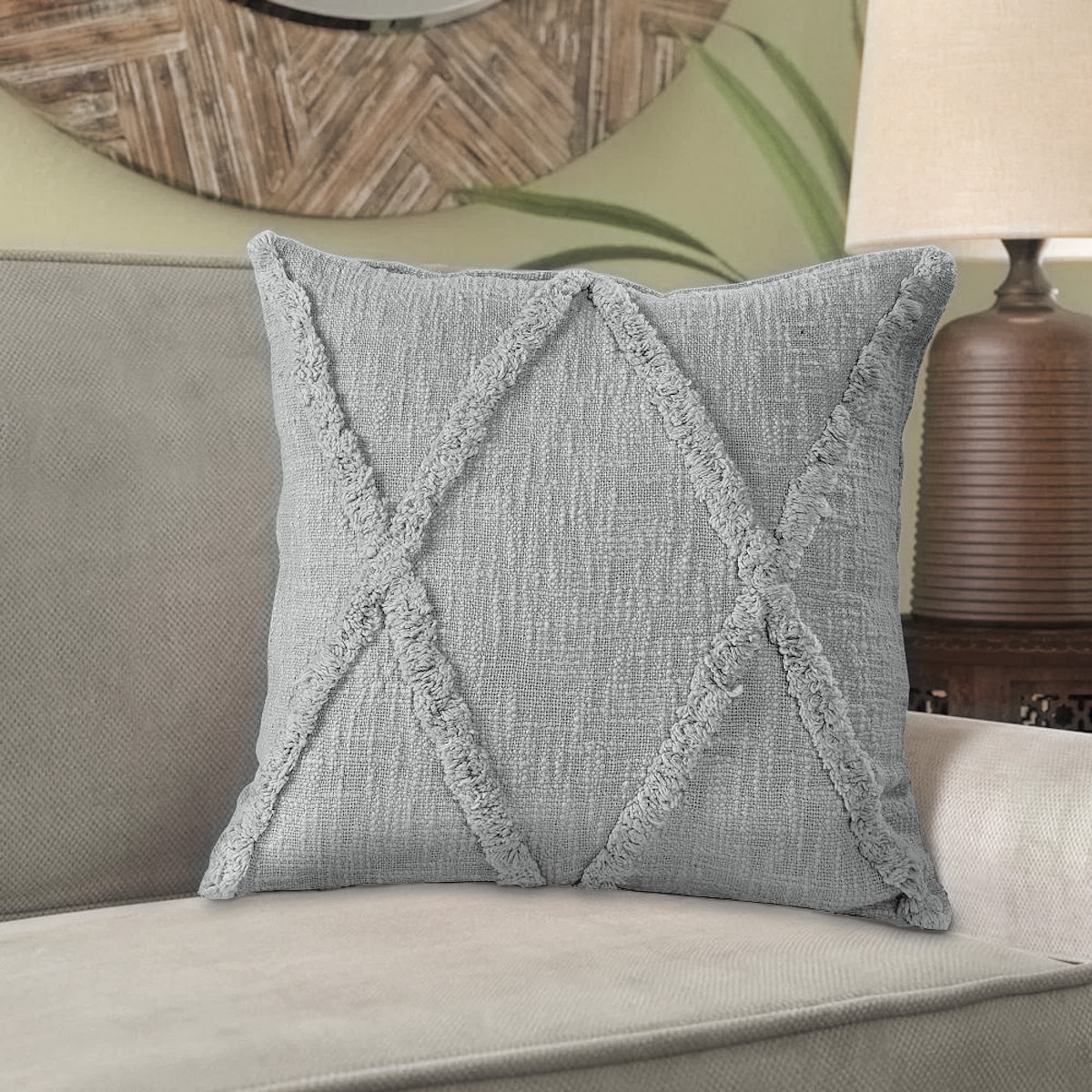 Gray Diamond Tufted Cotton Square Throw Pillow, 18"