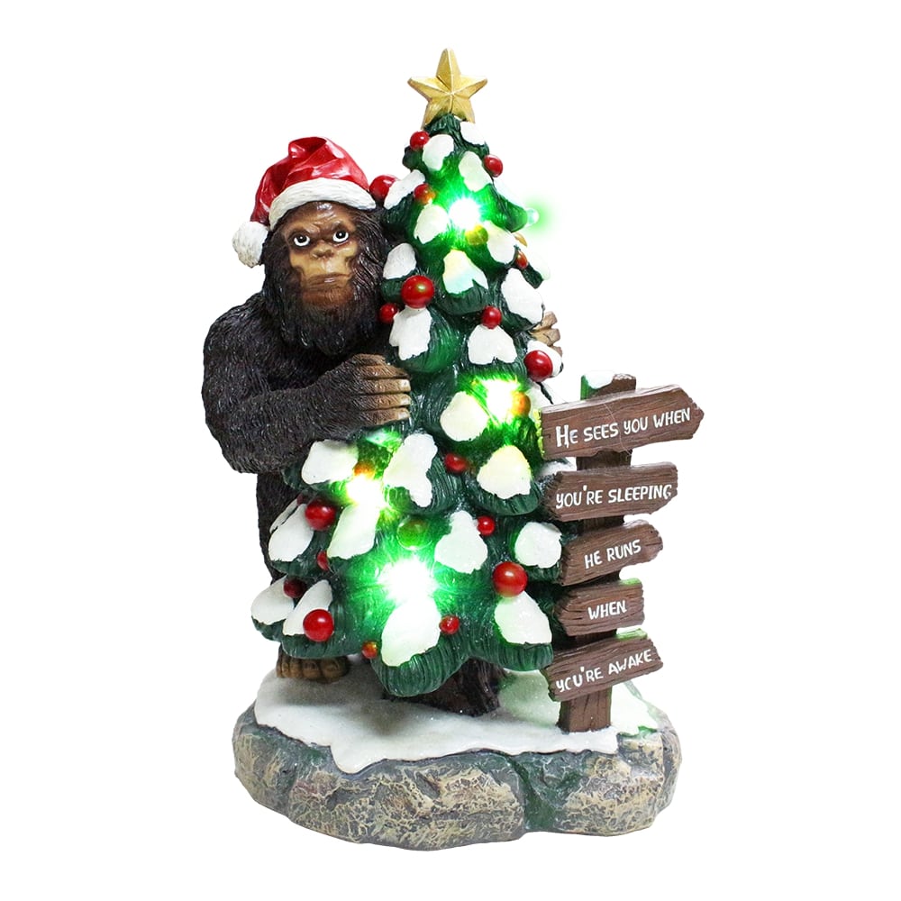OrnamentallyYou Whimsical Bigfoot Behind Christmas Tree Figurine 7.5-in Funny Holiday Yeti LED Statue He Sees You #RSTATUE1046