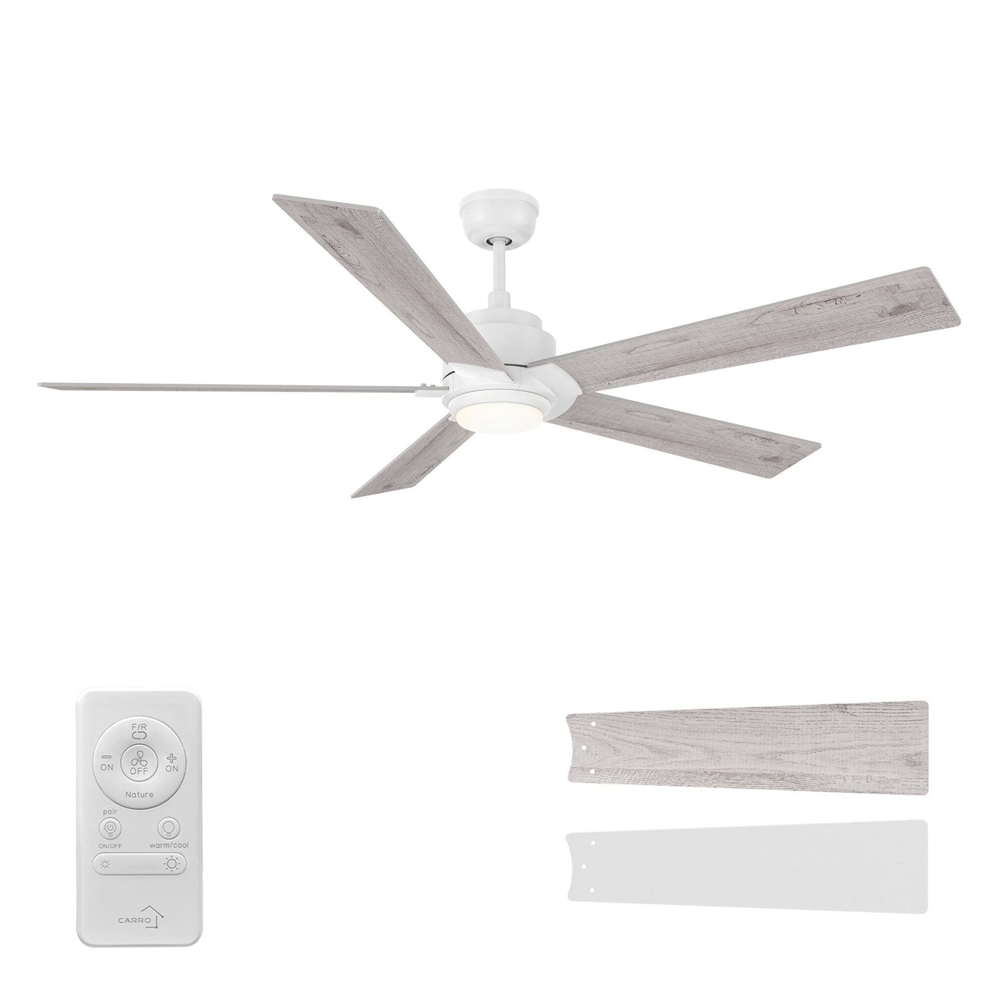 CARRO USA LCFR605J1-L11-WP-1 Kalmar 60-in Integrated LED White with White/Light Wooden Pattern Blades Ceiling Fan With Light - Remote Included ( 5 -Blade )