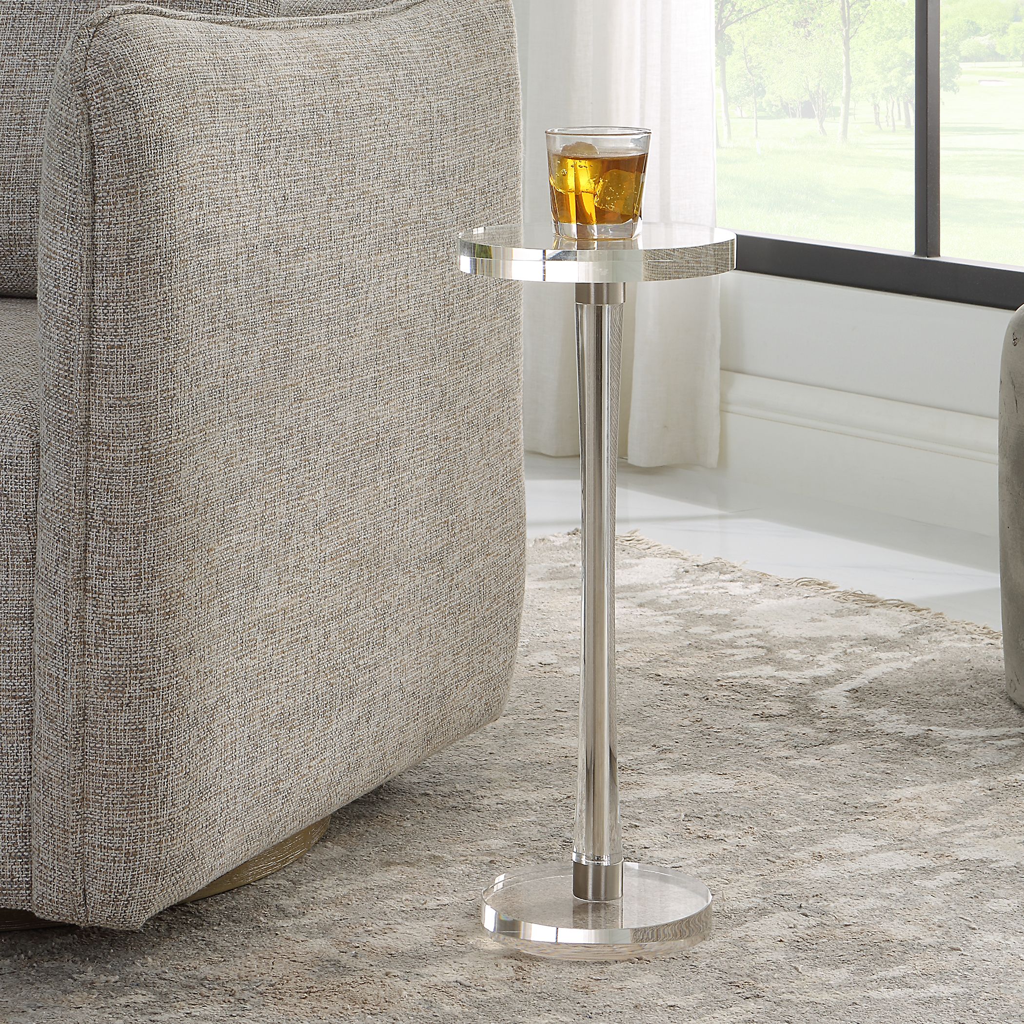 Global Direct 25279 8.625-in W x 22-in H Brushed Nickel Glass Round Glam End Table Assembly Required