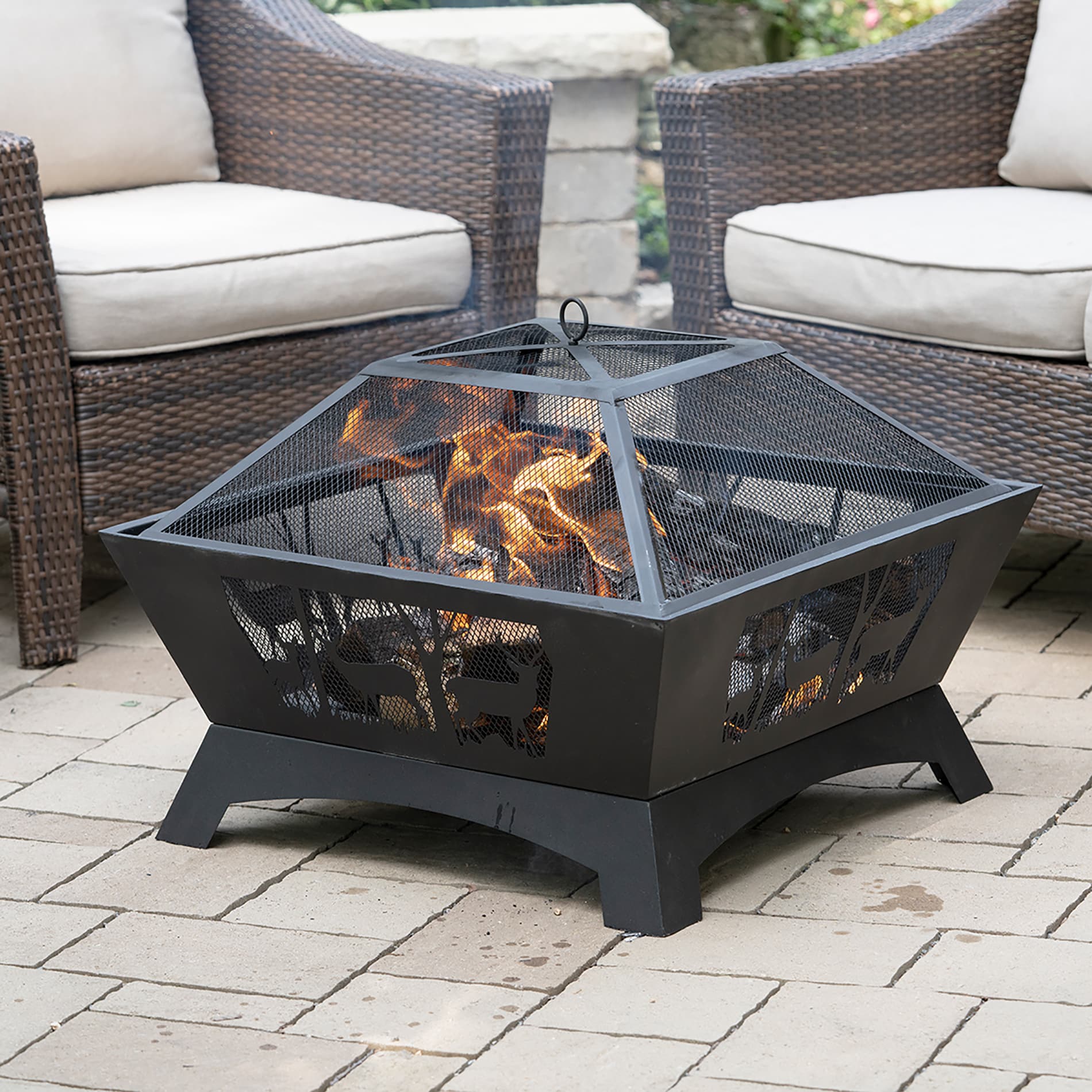 Black Steel 28" Square Wood-Burning Fire Pit with Decorative Cutouts