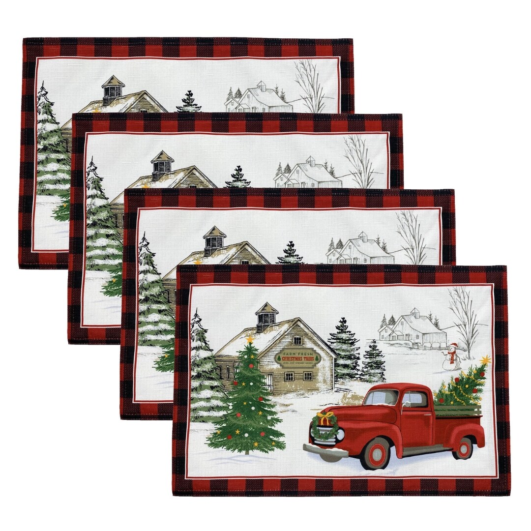 Elrene Home Fashions 194590046323 Vintage Christmas Tree Farm Holiday 13"x19" 4 -Pack Multicolor Polyester Rectangle Placemats