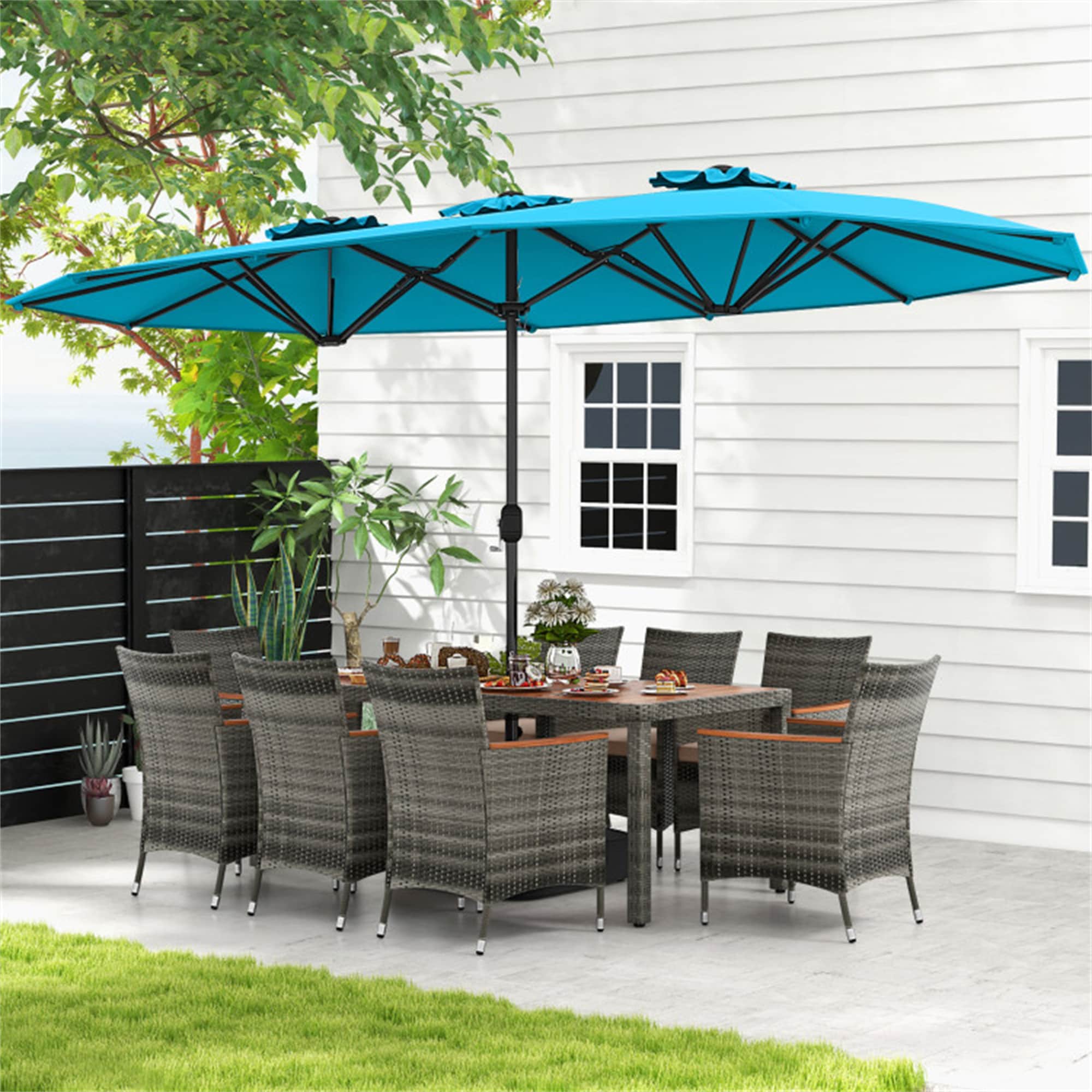 BABOOM BOM-782NYC+-CO Outdoor Furniture Set With Patio Umbrella 10 -Piece Black Rattan Patio Dining Set Wood Rectangle Table with 8 Off-white Cushions Stationary Chairs and Umbrella Included