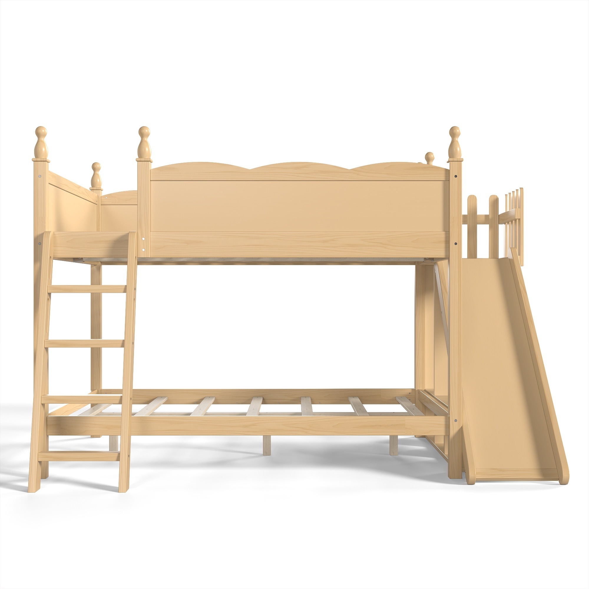 UOI 109 inch L x 70 inch W x 61 inch H Natural Solid Wood Full over Full Bunk Bed with Slide and Ladders