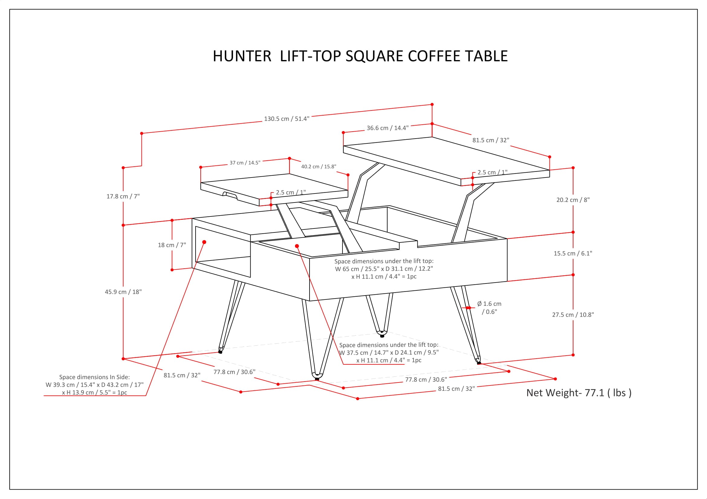 Natural Mango Wood Square Lift-Top Coffee Table with Storage