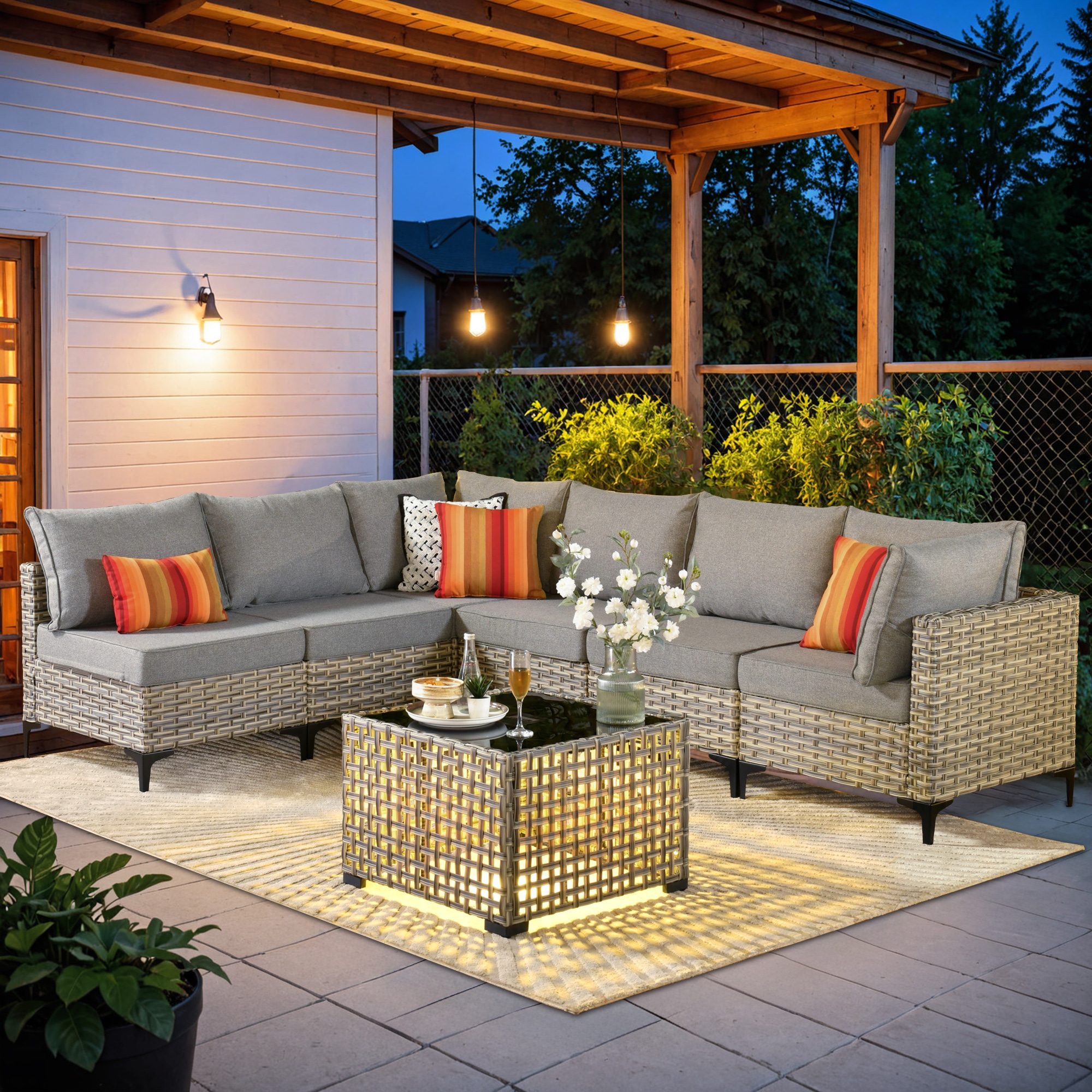 Caodoc L5-SKT207-1 SKT Wicker Outdoor Sofa with Dark gray Cushions and Wicker Frame