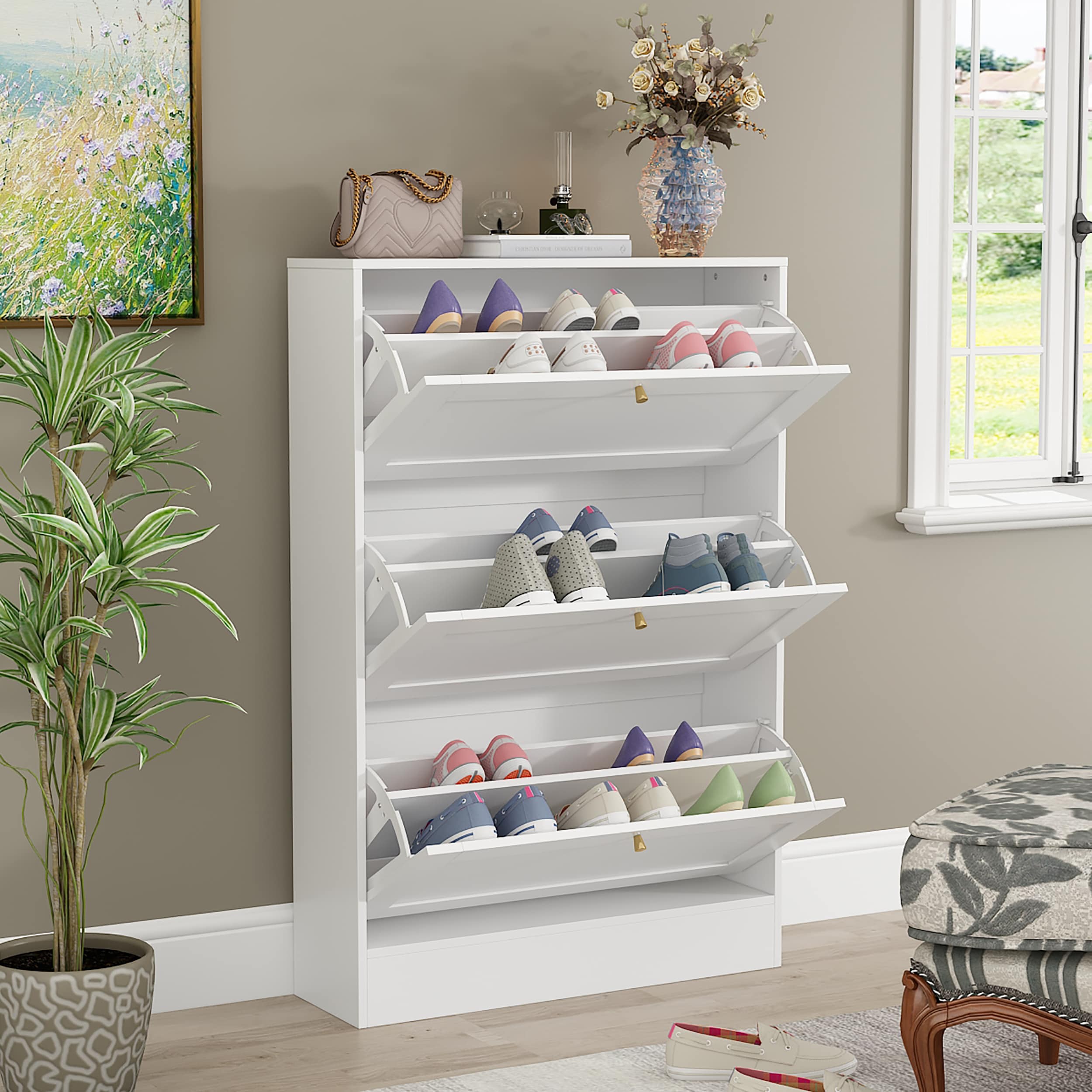 FUFU&GAGA 47.2-in H 3 Tier 12 Pair White Composite Shoe Cabinet in