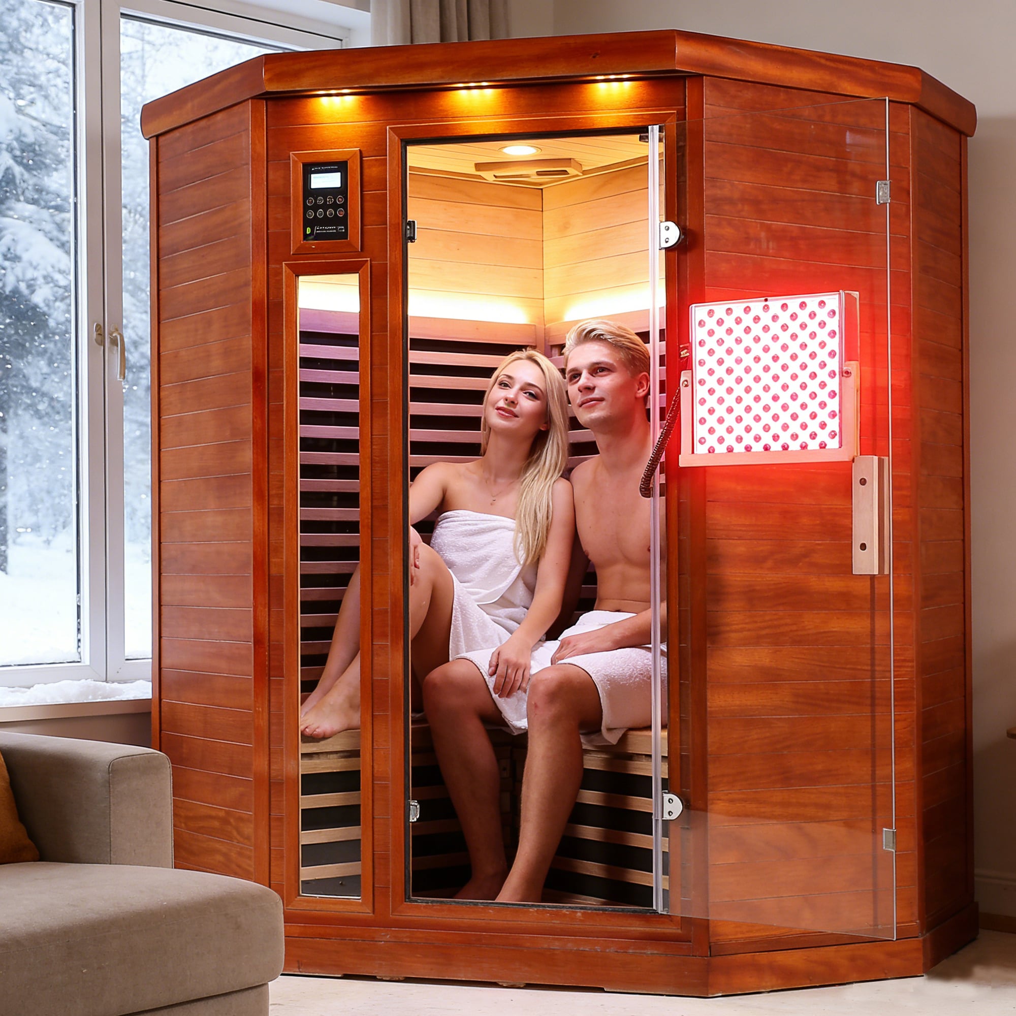 LOVMOR  2 Person Okoume Far Infrared Sauna Low EMF Corner Red Light Therapy LED Control 47W 47D 75H