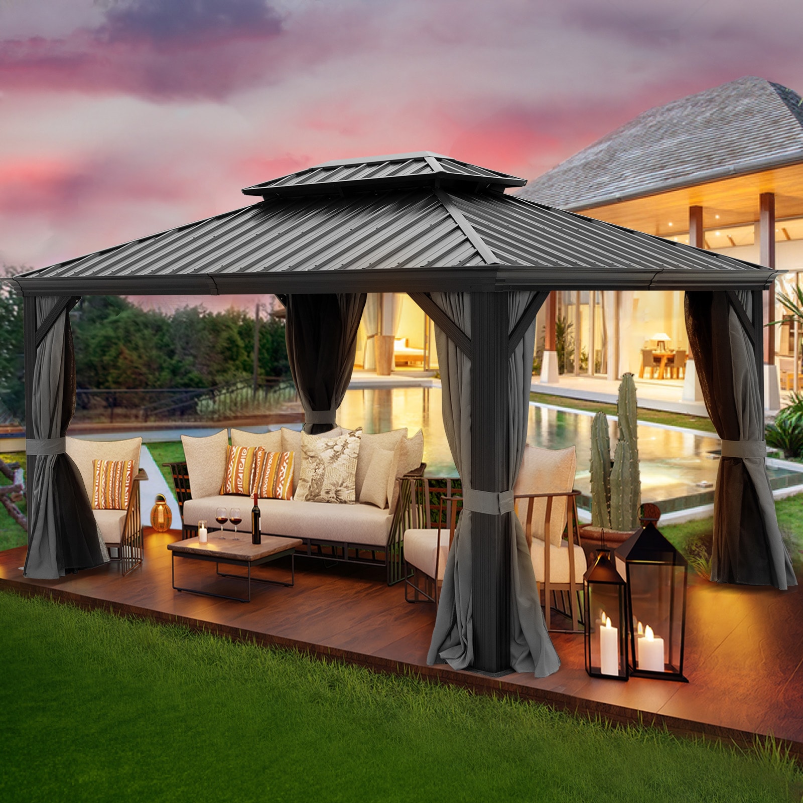 12-ft x 10-ft Gazebo Rectangle Black Metal Steel Roof Gazebo with Screen Included | - Mondawe MO-WH002012