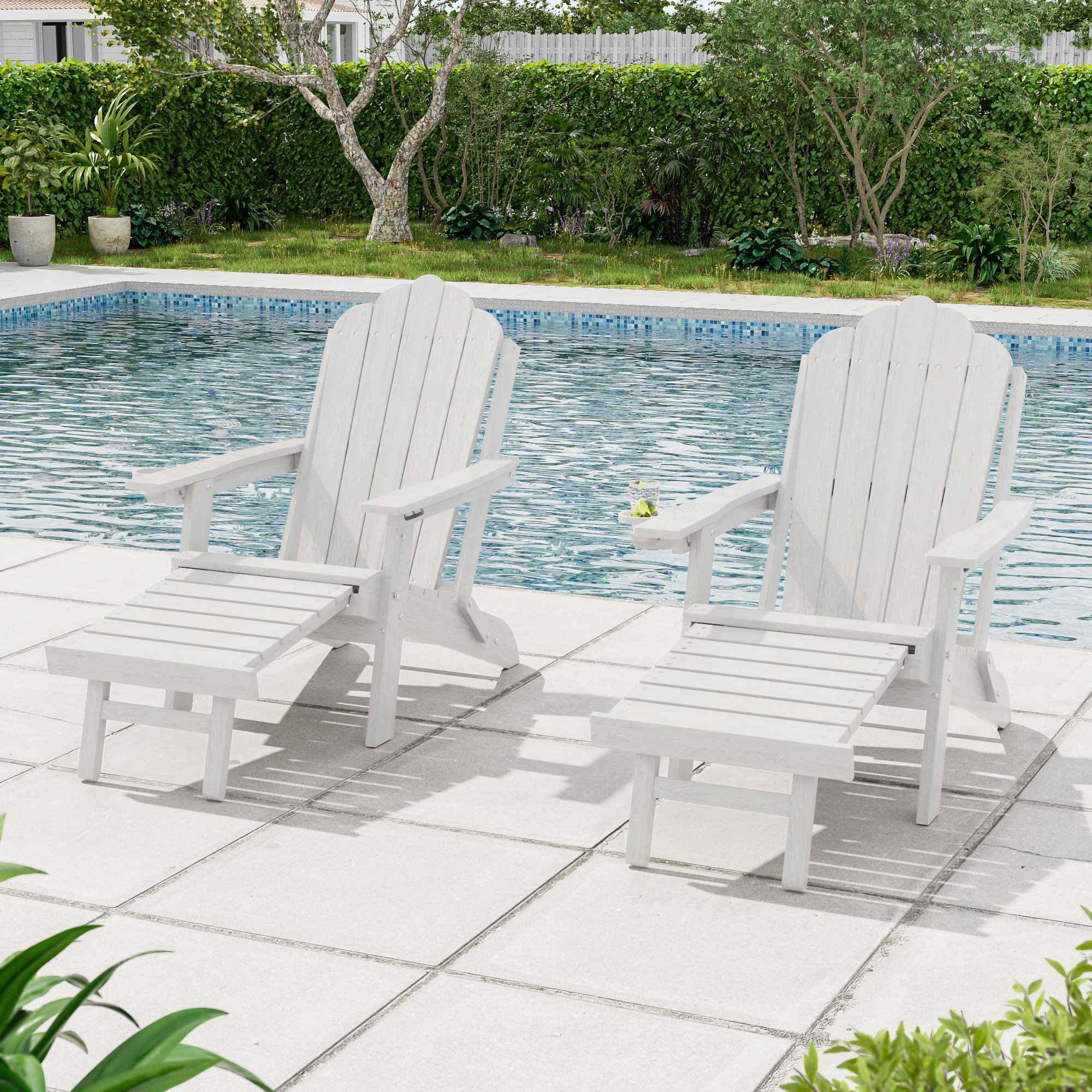 Aok Garden 2 Pieces Folding Adirondack Chairs HDPE Frame with Retractable Ottoman and Cup Holder White one_size | LWP-SM-CL994WT2