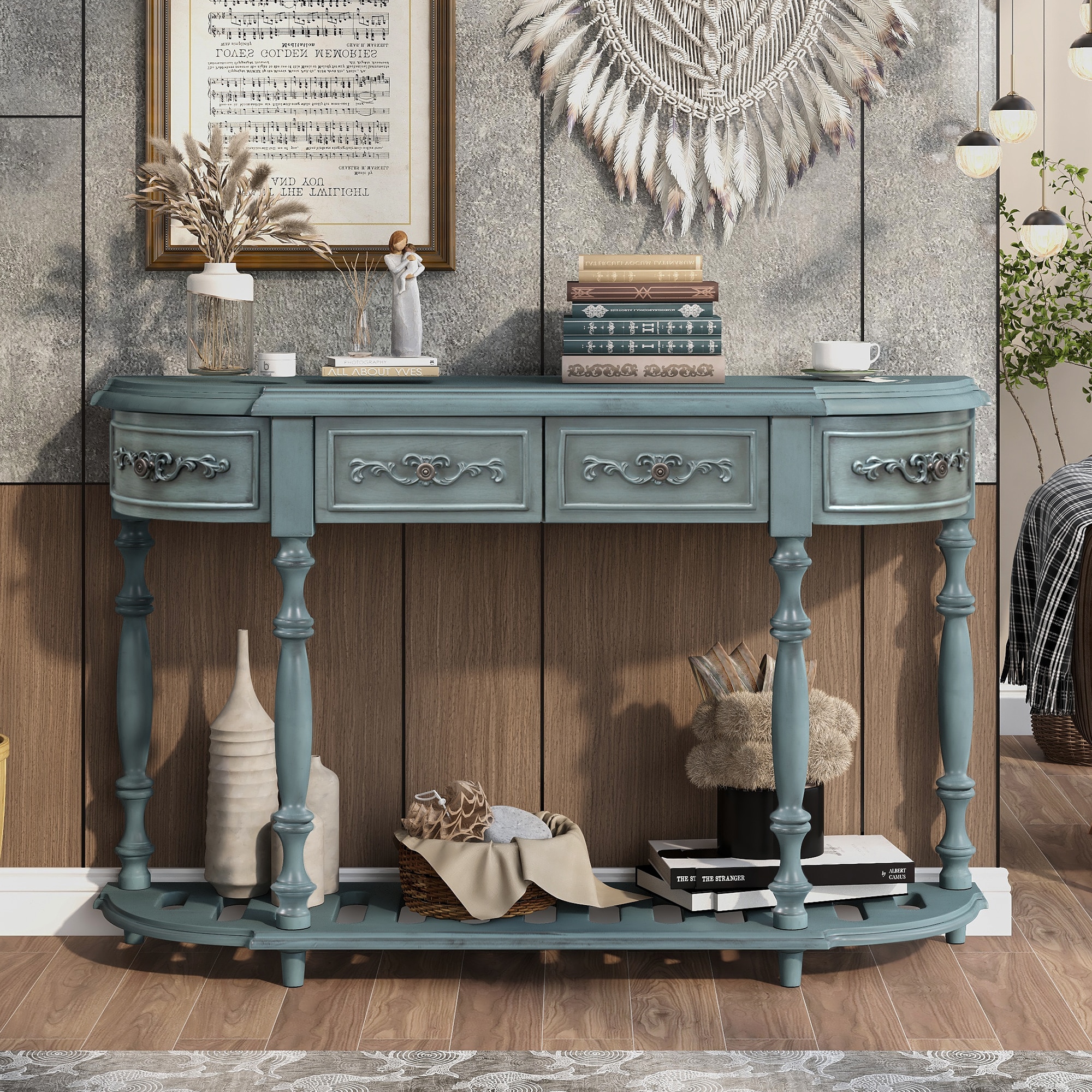 ModernLuxe N711P186862C 52inchModern and Contemporary Curved Console Table Sofa Table Entryway Table for Hallway Living Room with 4 Drawers and 1 Shelf
