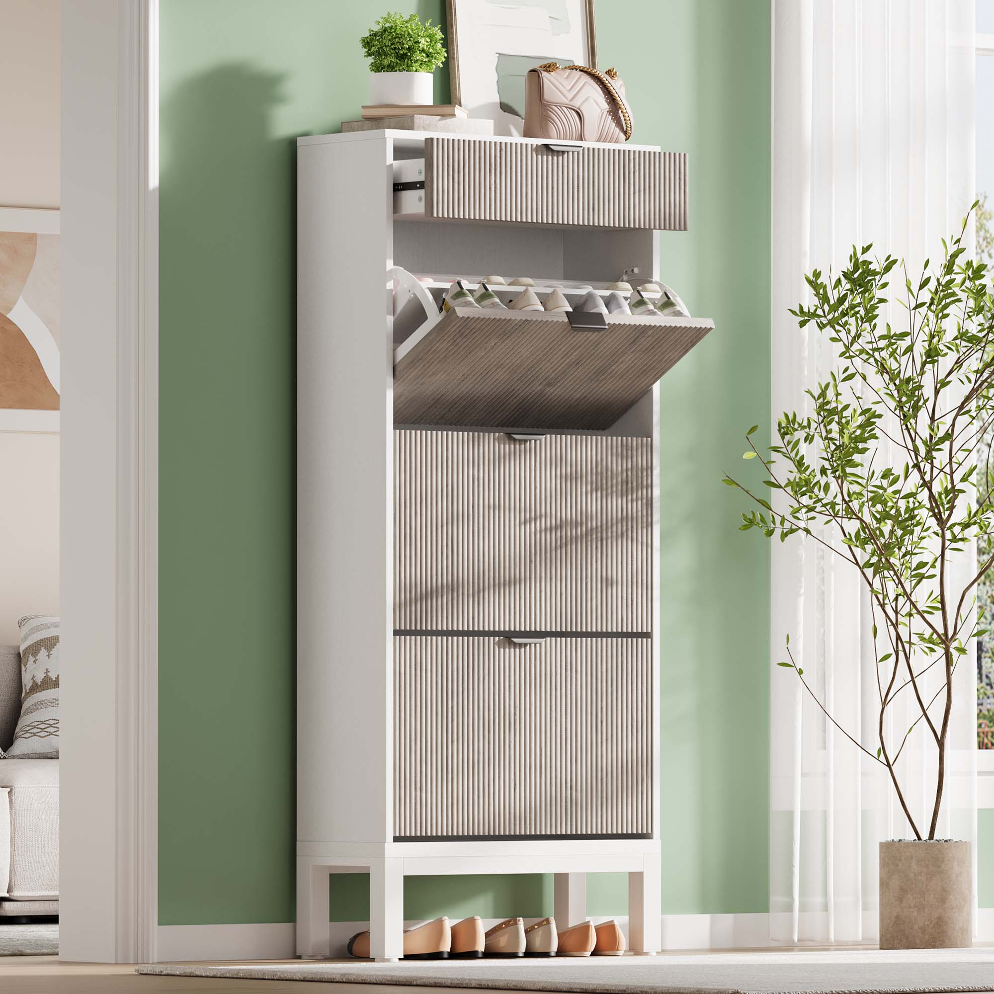 IdealHouse Slim Shoe Cabinet Organizer 3 Turn Drawers and Bonus Storage Adjustable Shelves Modern Space Saving Freestanding Entryway Furniture for 12 to 18 Pairs Hidden Shoe Storage
