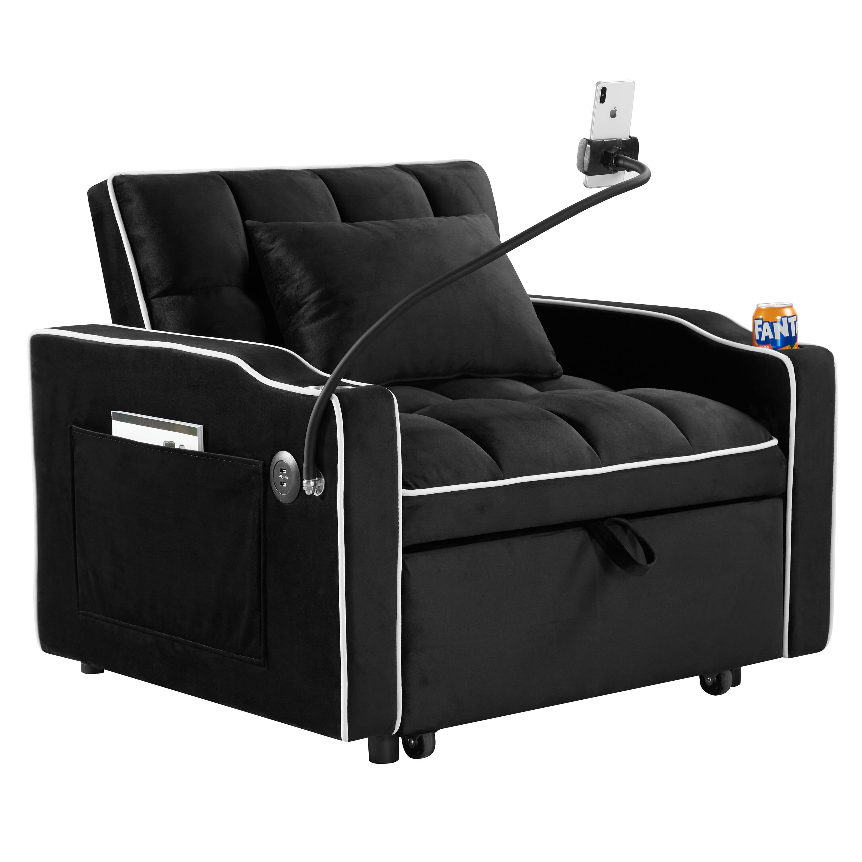 Bybafun - 35.85-in W Casual Black Velvet Accent Armchair