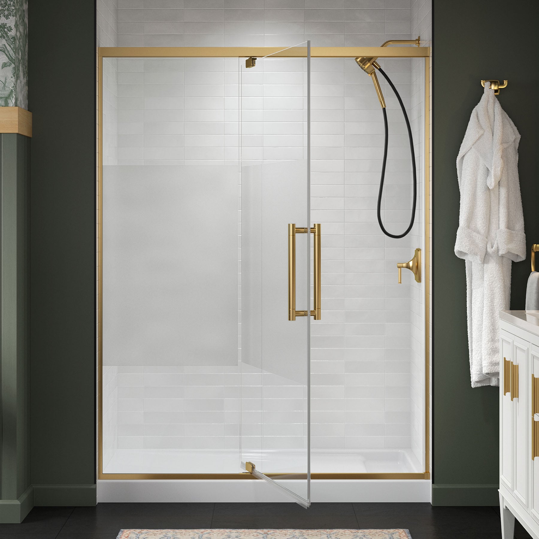 KOHLER 702477-8G81-2MB Premise Vibrant Brushed Moderne Brass 55-5/8-in to 59-5/8-in W x 76.06-in H Frameless Pivot Soft Close Shower Door 5/16-in Thick Clear Glass