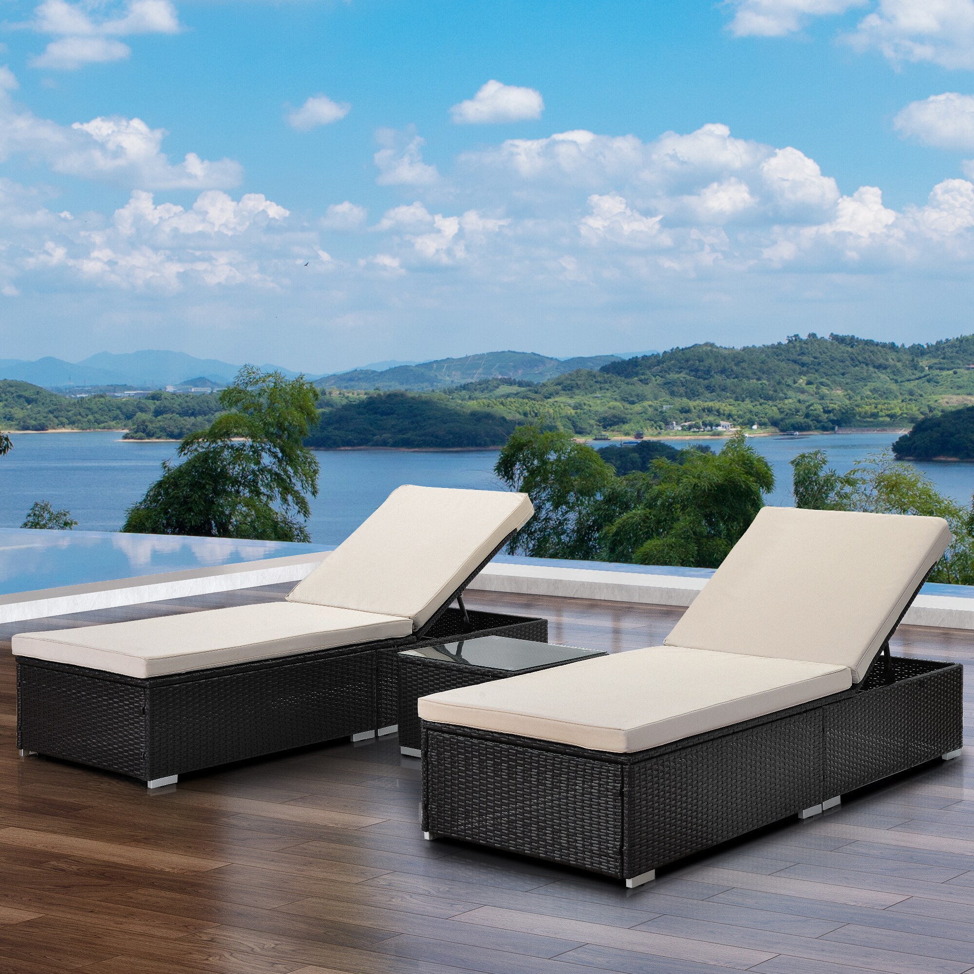 Afoxsos 3-Piece Wicker Patio Chaise Lounge Set with Baige Cushions and ...