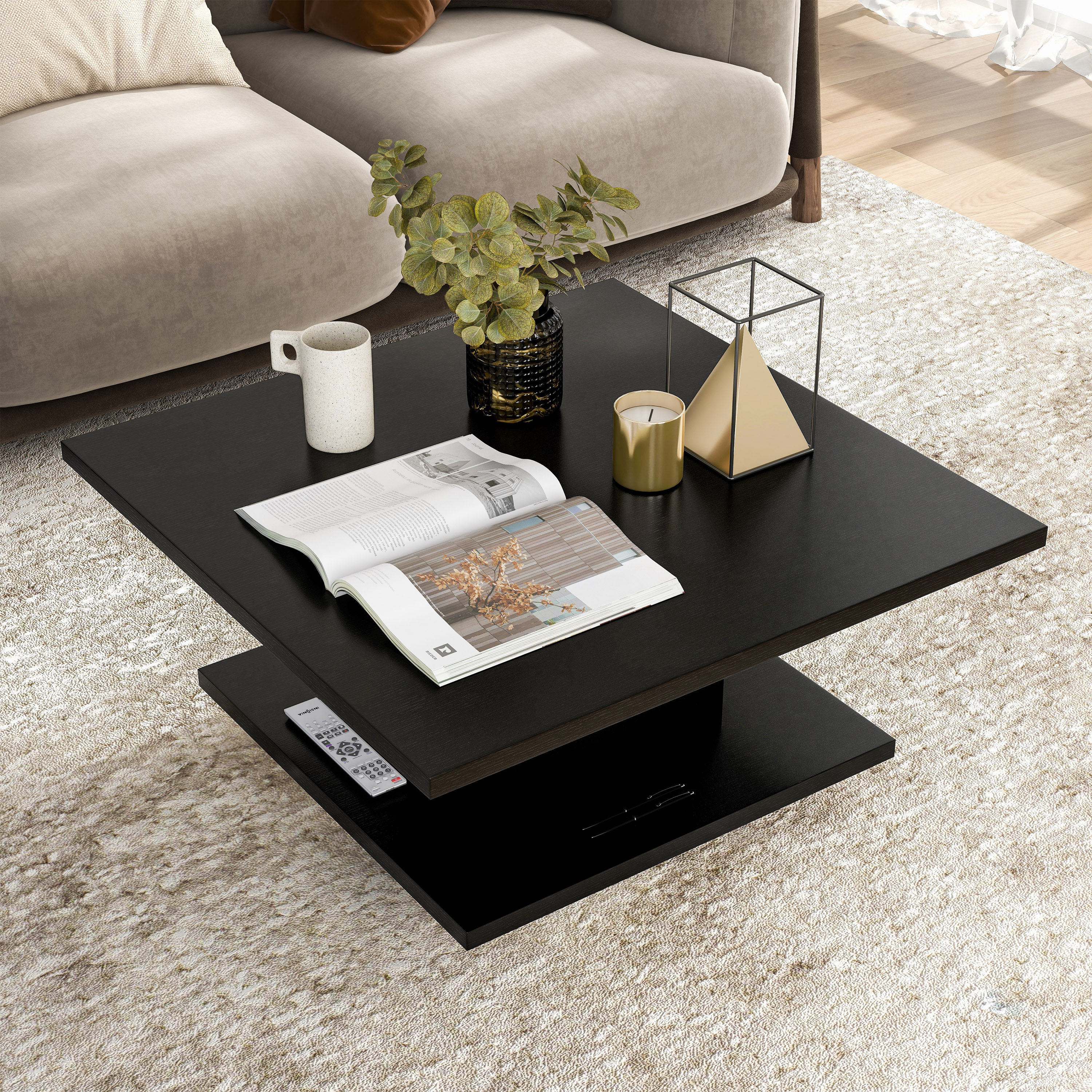 Black Square Wood Coffee Table with Hidden Storage