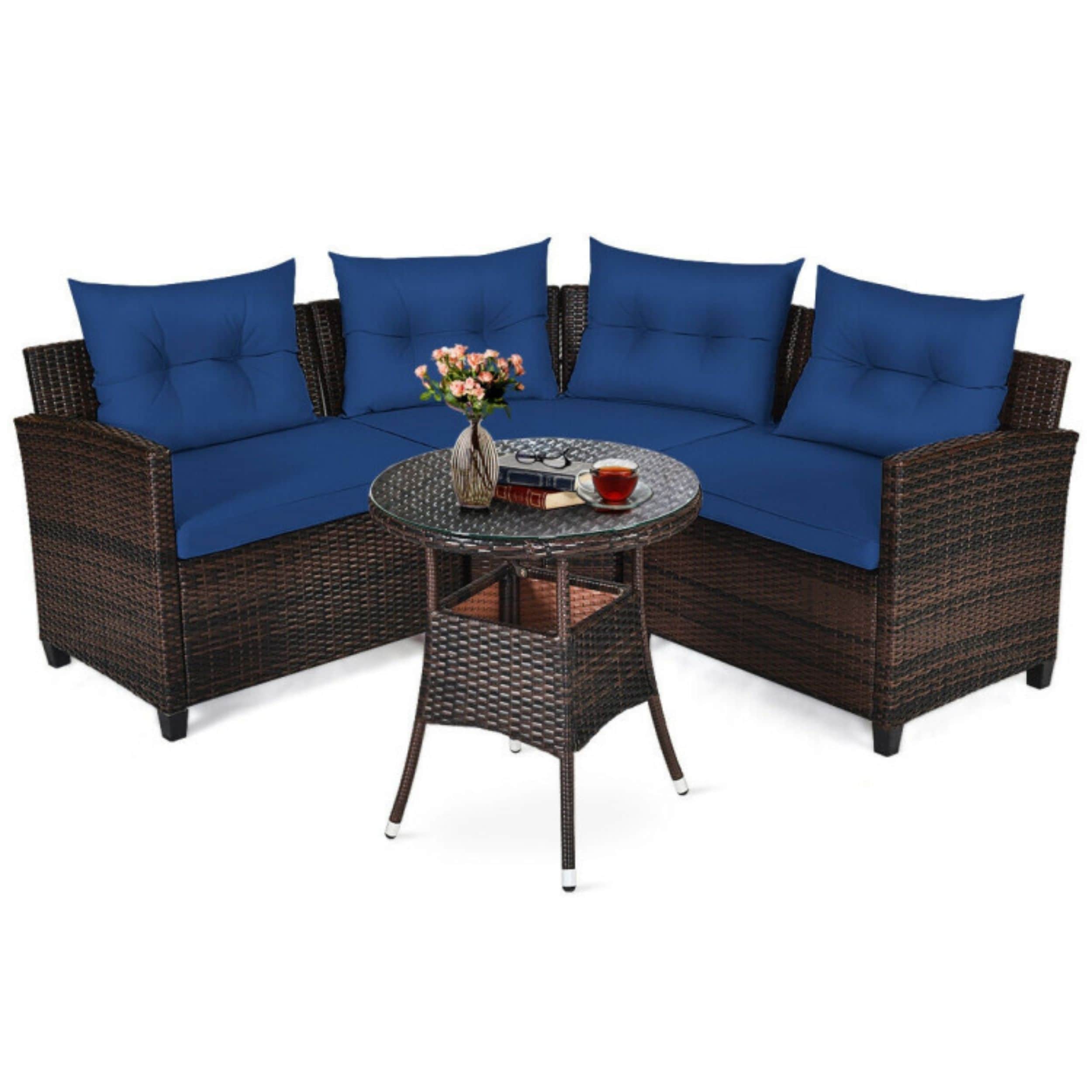 WELLFOR ZNGOT23GR+ Wicker Outdoor Sectional with Navy Cushions and Wicker Frame