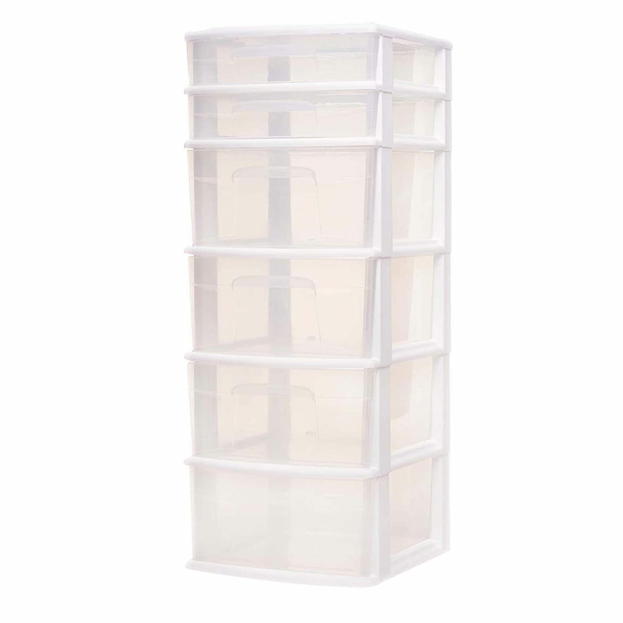 Homz Plastic 5 Clear Drawer Medium Home Organization Storage Container  Tower with 3 Large Drawers and 2 Small Drawers, Black Frame