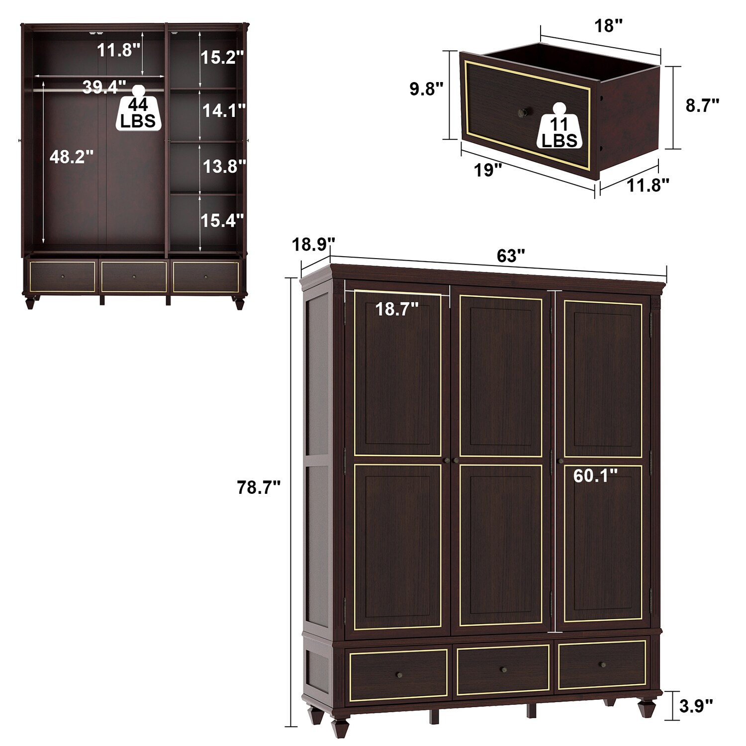 FUFU&GAGA Traditional 3-Door Wardrobe with Shelves and Drawers, Brown ...
