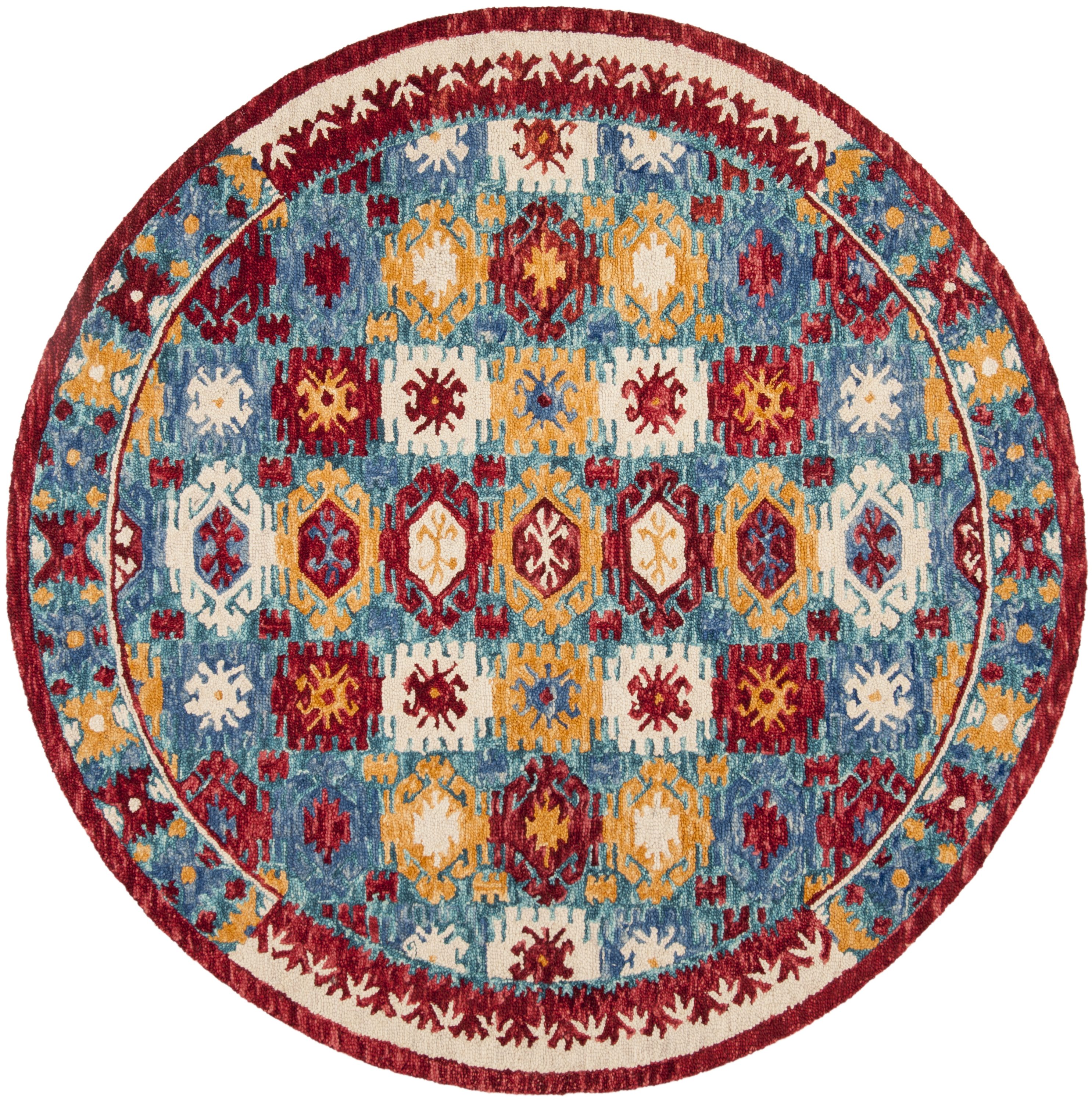 Handmade Blue and Red Wool Geometric Round Rug
