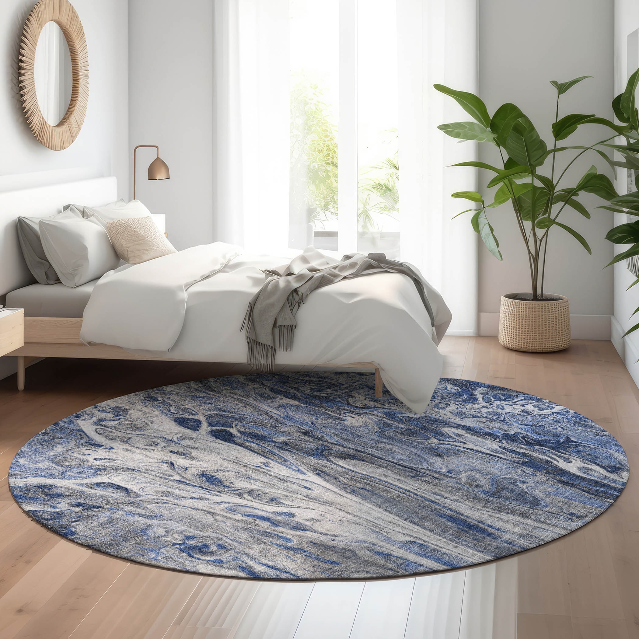 Addison Rugs AMF602BU8RO Mayfield AMF602BU 8 x 8 (ft) Loomed Polyester Blue Round Indoor Geometric Machine washable Area rug