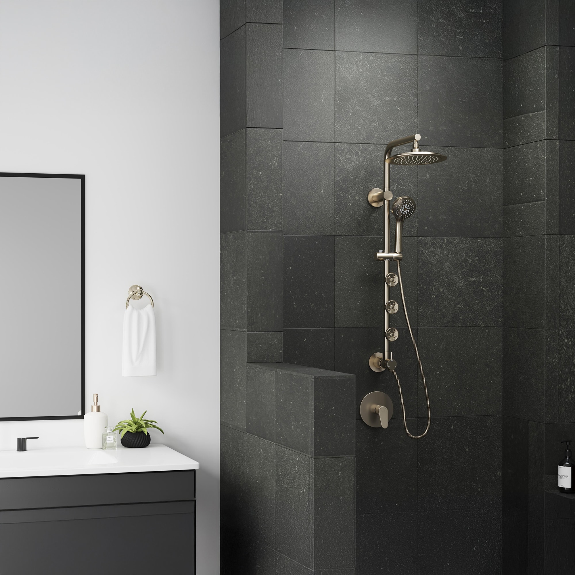 Brushed Nickel Multi-Function Shower System with Rain Showerhead