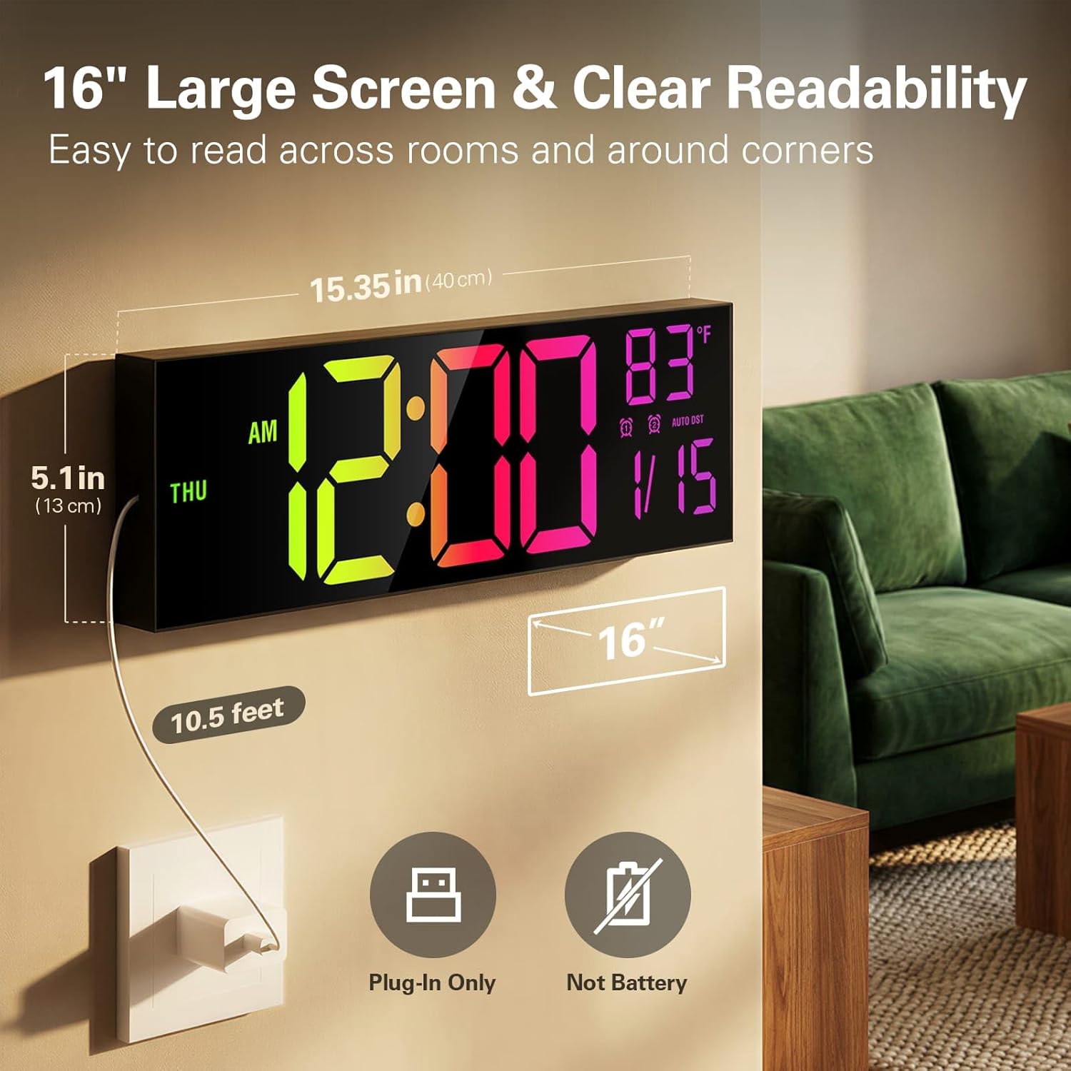 JALL 15.98 Inch Large Digital Wall Clock with RGB Lights Remote Control ...
