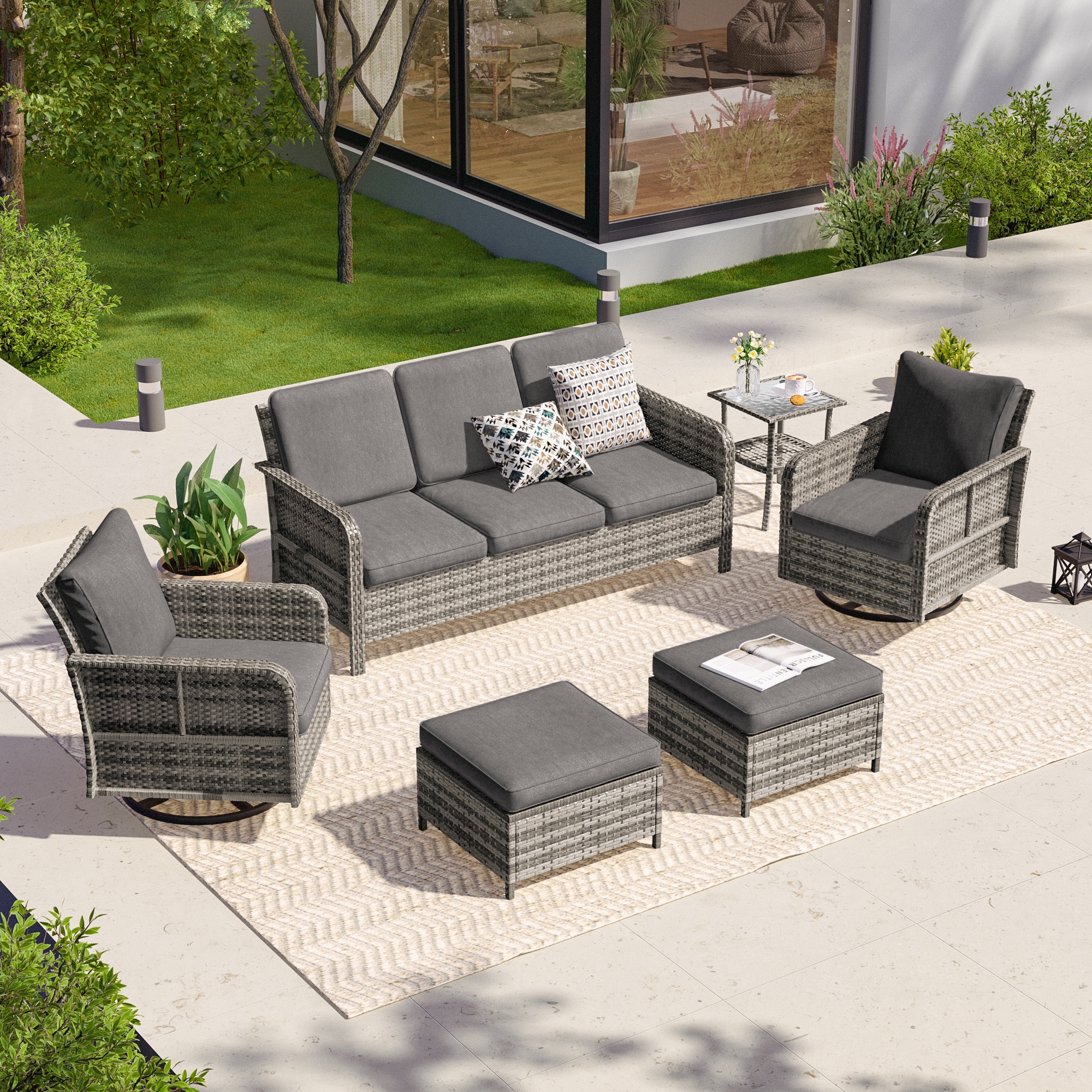 ACEGOSES LW-2R155HGY-T2 Skytop 6 -Piece Wicker Patio Sofa Conversation Set with Gray Cushions