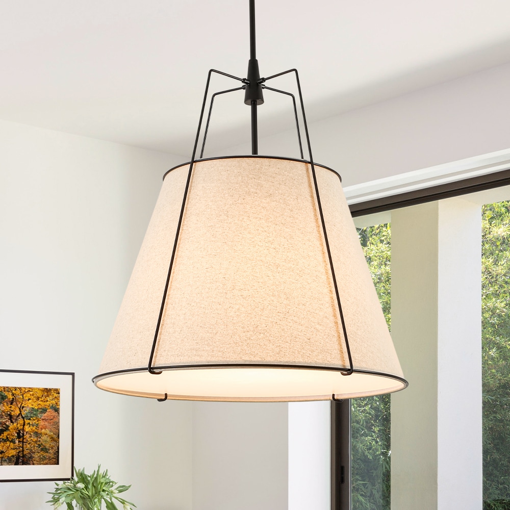 Zicbol 4 -Light Matte Black + Linen-colored Fabric Shade Modern/contemporary Fabric Cone Medium Hanging Pendant Light