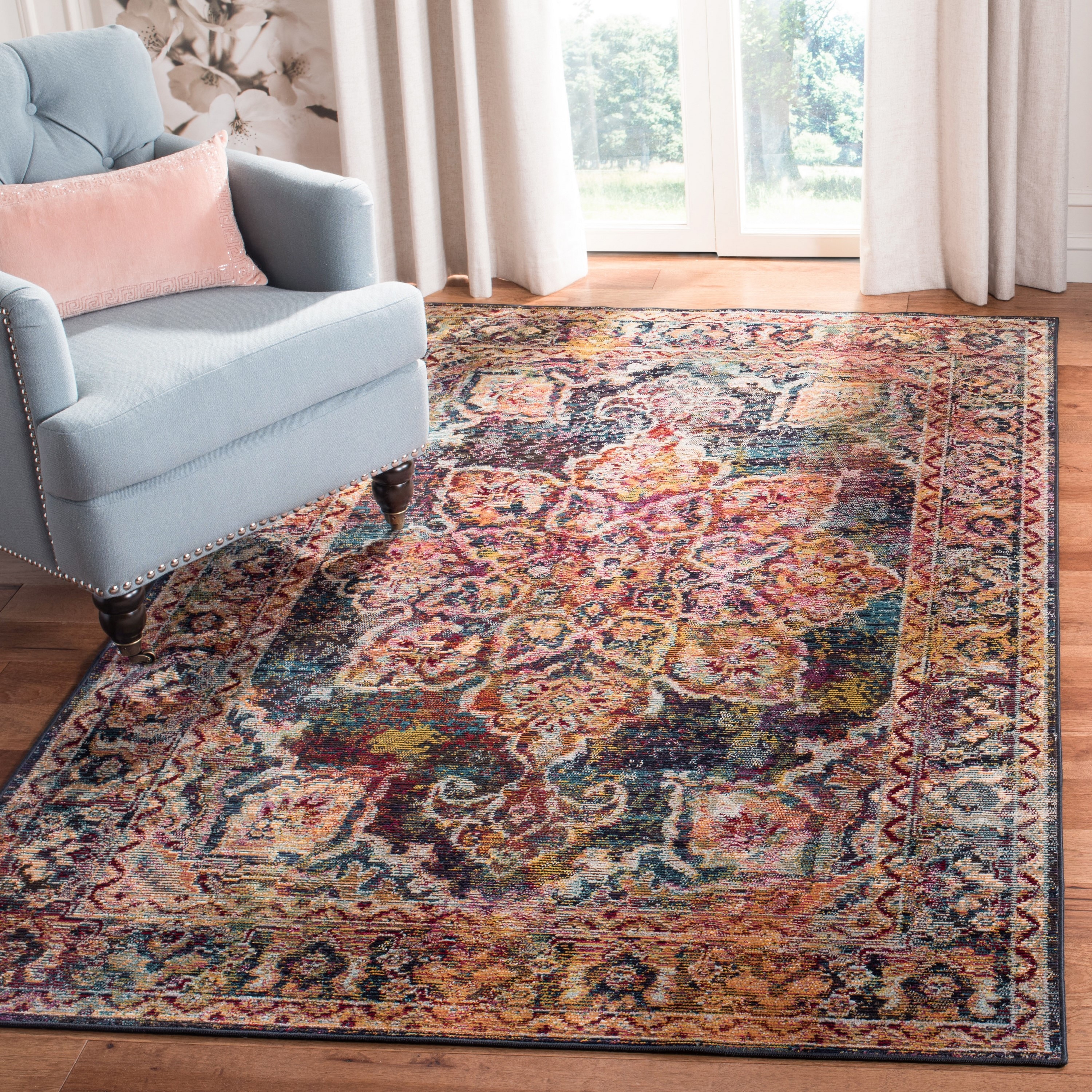 Light Blue and Navy Synthetic 9' x 12' Rectangular Area Rug