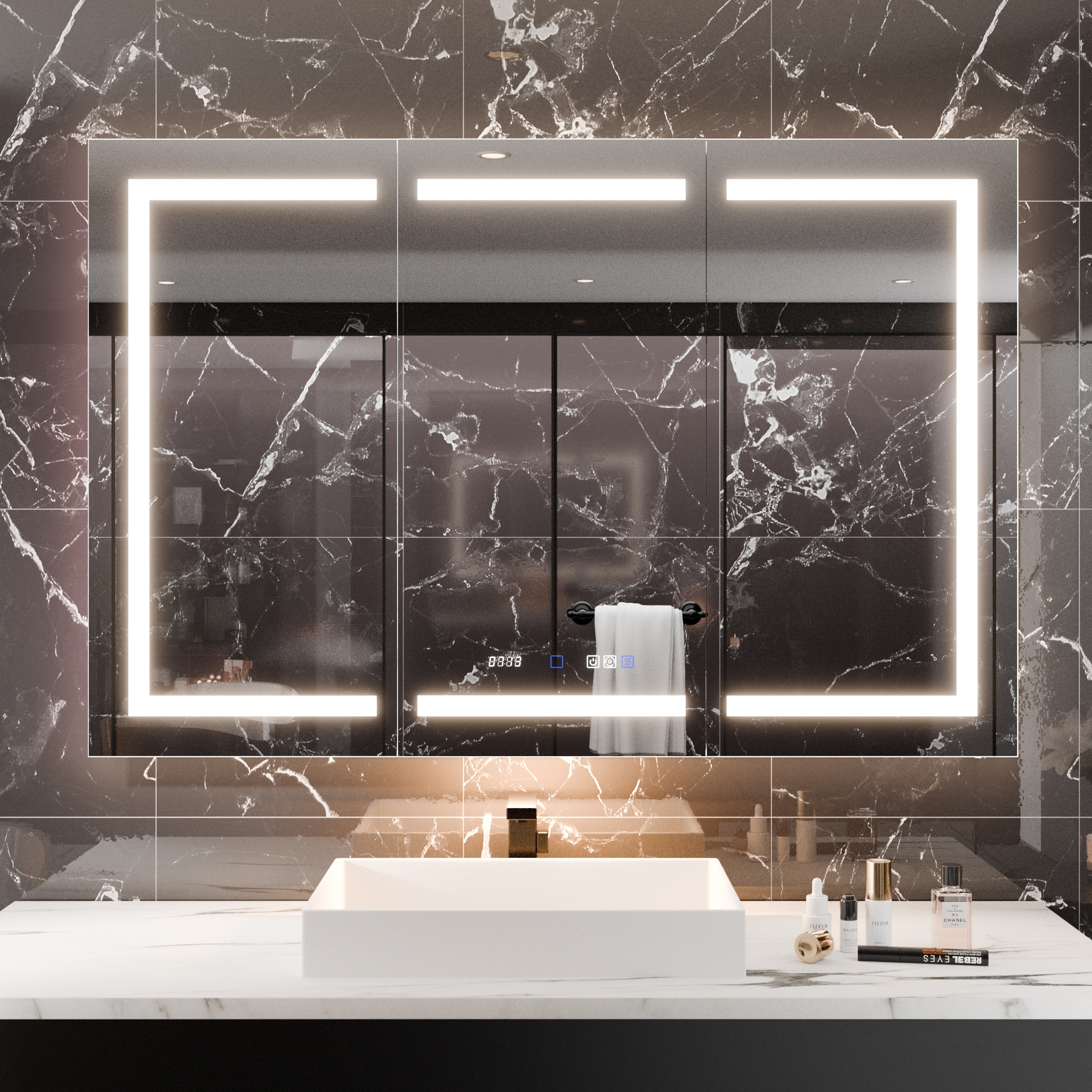 Forclover J11M-5436 HH LED Cabinet 54-in x 36 Lighted LED Fog Free Surface/Recessed Mount Sliver Mirrored Rectangle Soft Close Medicine Cabinet with Outlet