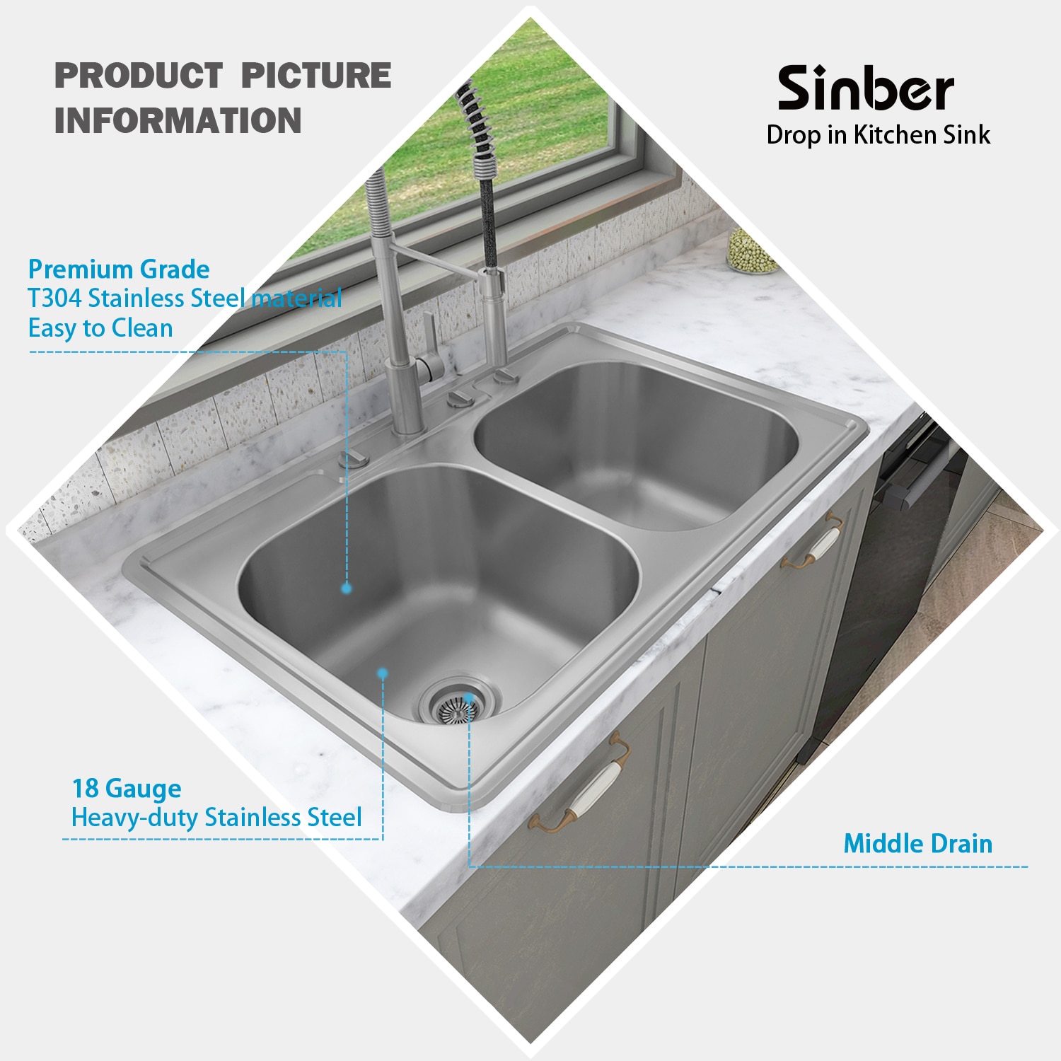Sinber 33" Stainless Steel Double Bowl Drop-In Kitchen Sink