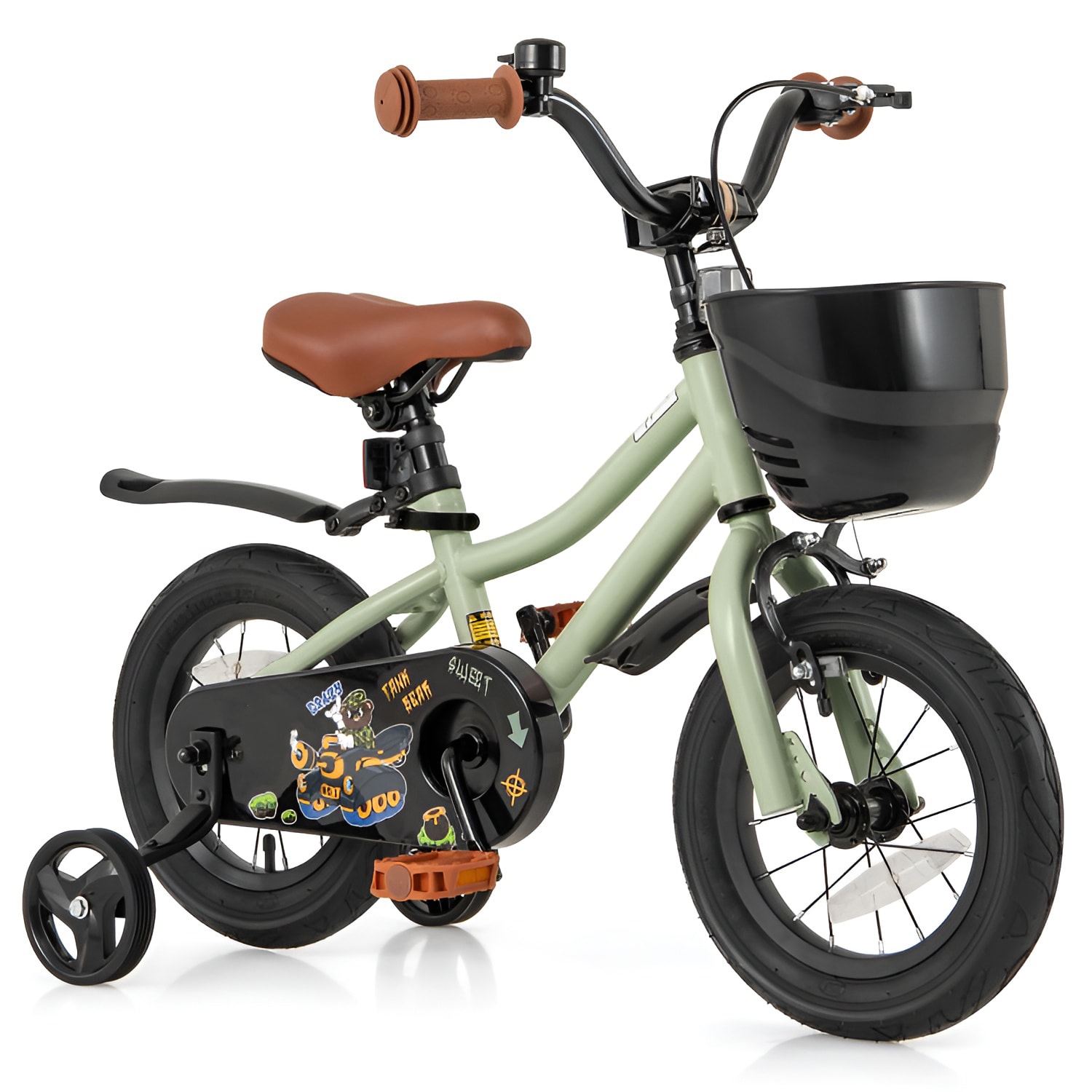 Slickblue D-CO-21-NG92201ST 12-Inch Kids Bike with Dual Brake System Front Basket and Detachable Training Wheels for Backyard Park and Neighborhood Riding 3-4 Years Old- Green