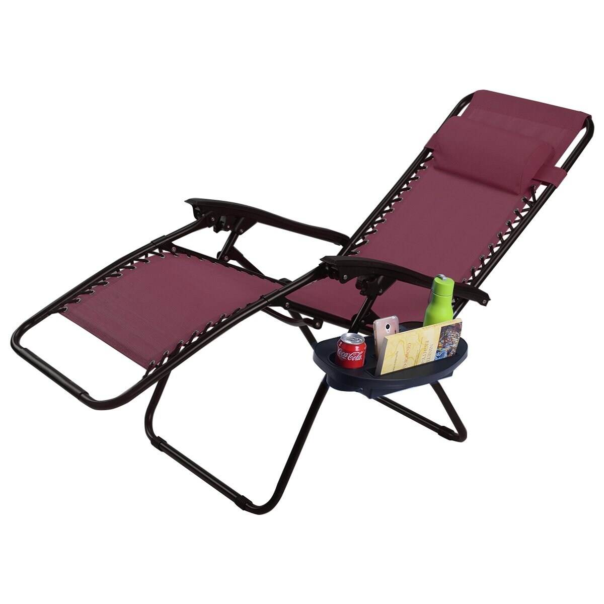 Wine Red Steel Frame Zero Gravity Lounger Set with Cushions