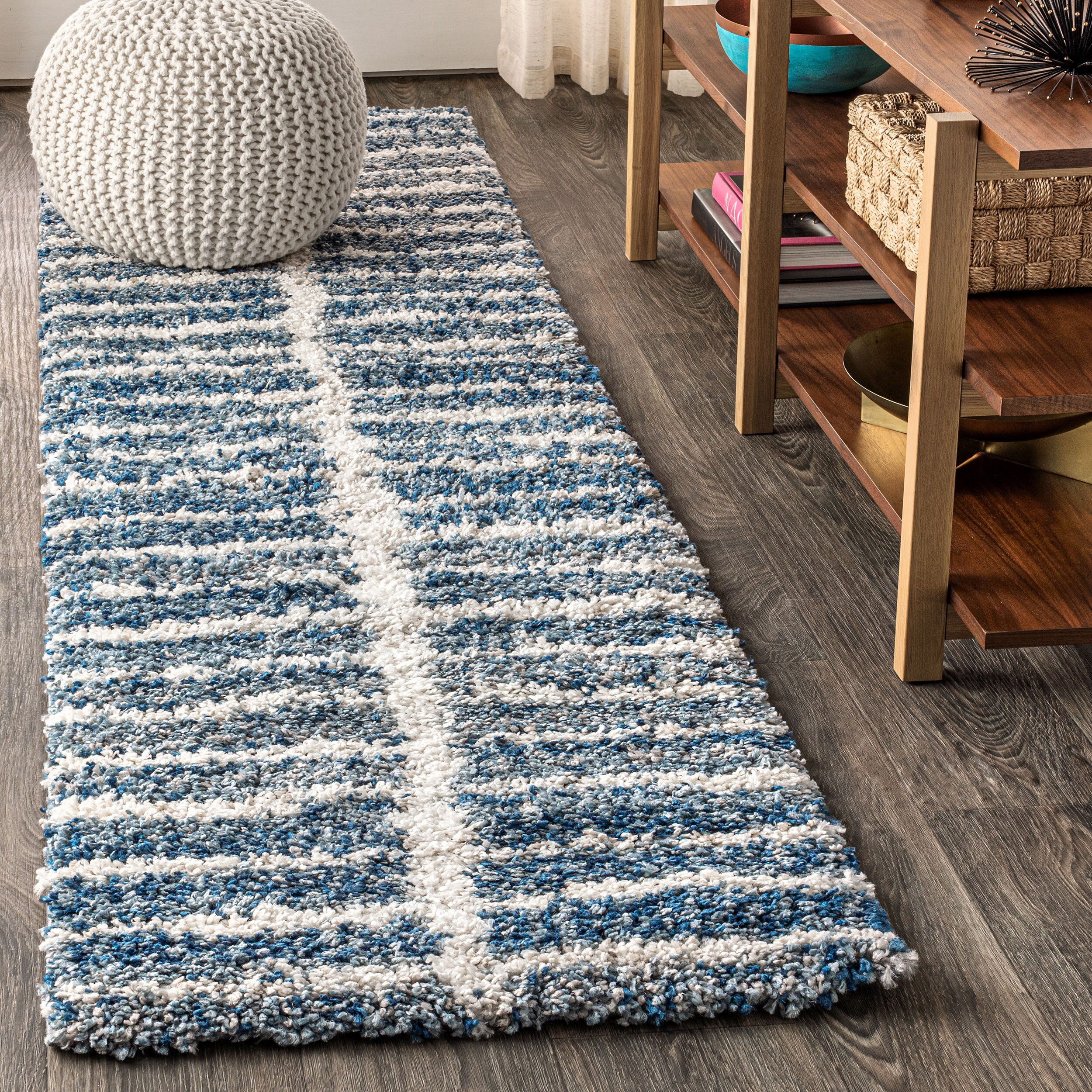 JONATHAN  Y MBS101B-28 Malibu Shag Ankara 2 x 8 (ft) Loomed Polypropylene Blue/Ivory Rectangular Indoor Geometric Bohemian/Eclectic Runner rug