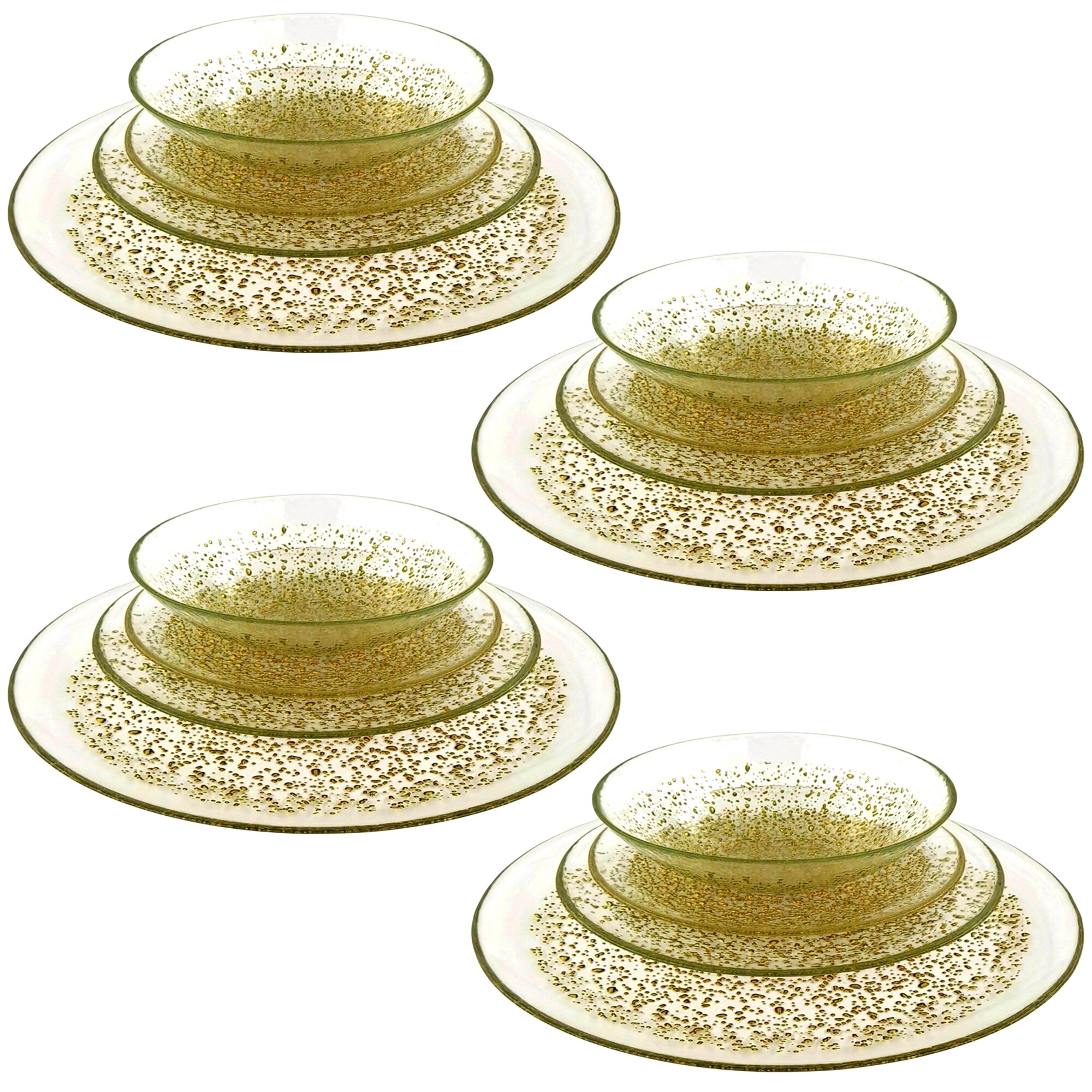 Slickblue 16-Piece Clear and Gold Glass Dinnerware Plate and Soup Bowl Set with Shimmering Details for Home