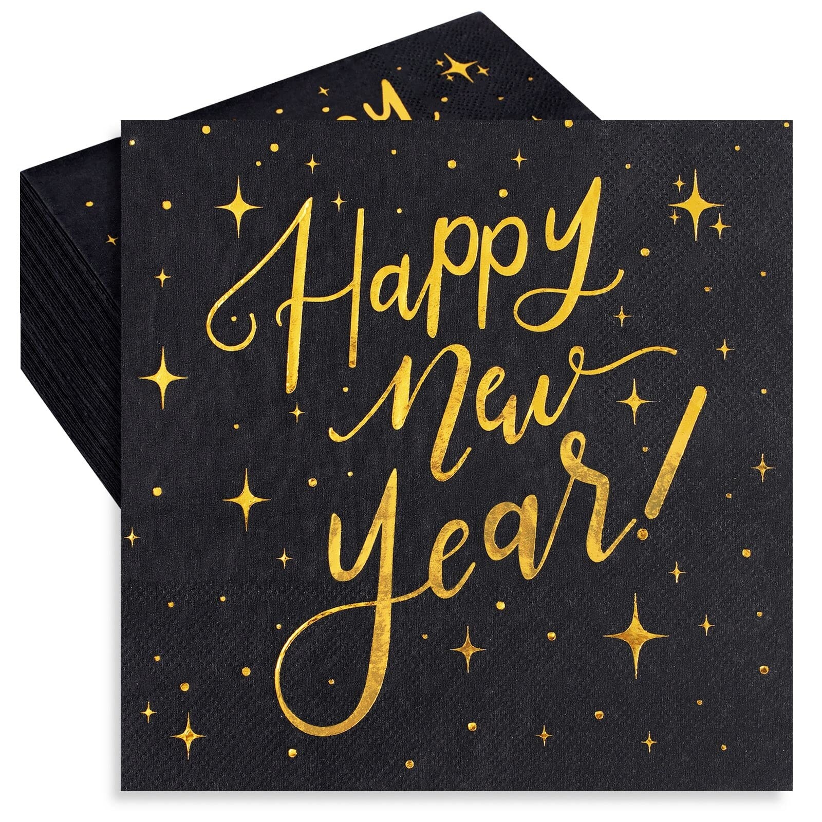 Aoibox  80 Pack Black and Gold Foil Disposable Napkins 6 5 x 6 5 Inch for New Year and Holiday Parties Happy