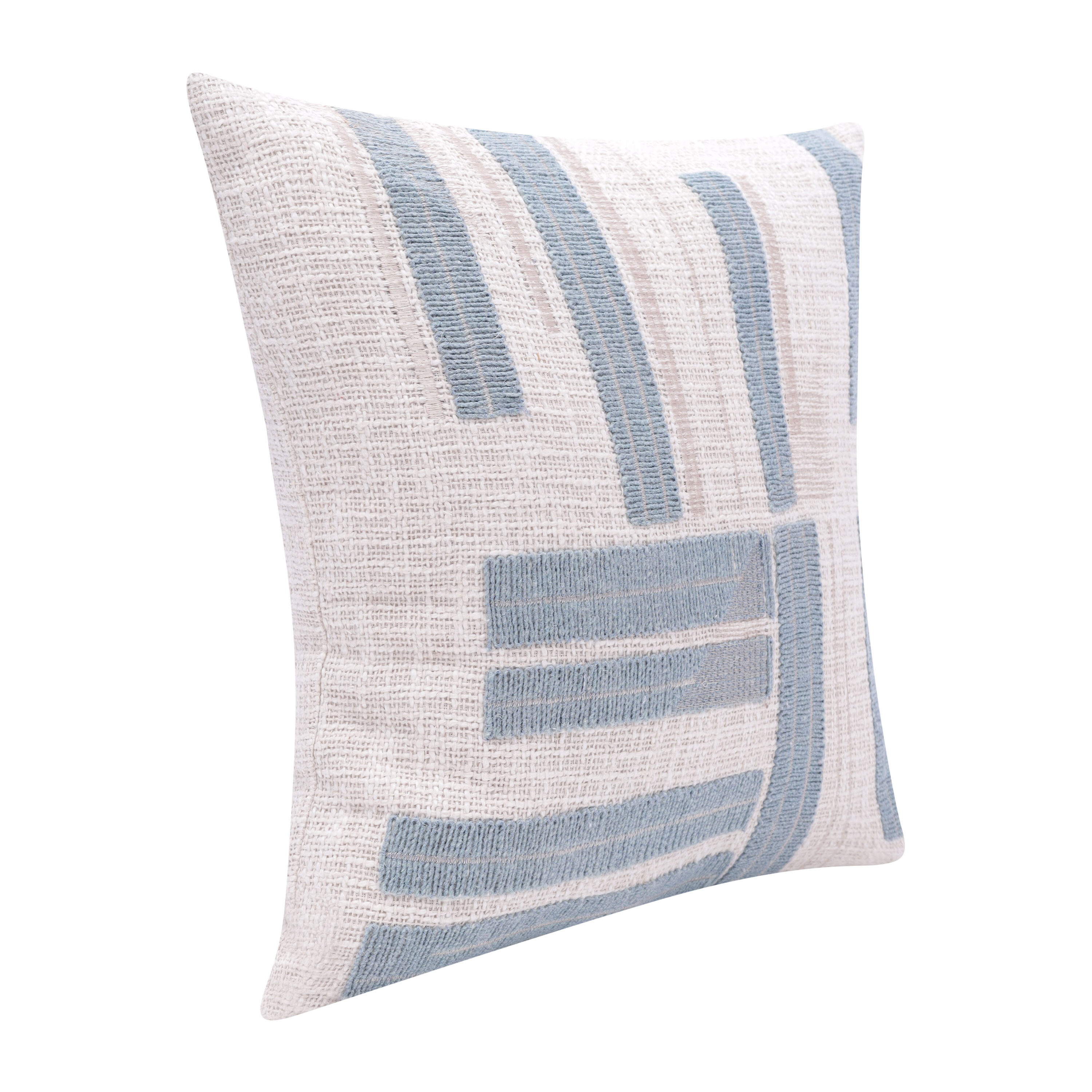 Ocean Blue and Ivory Cotton Embroidered Throw Pillow
