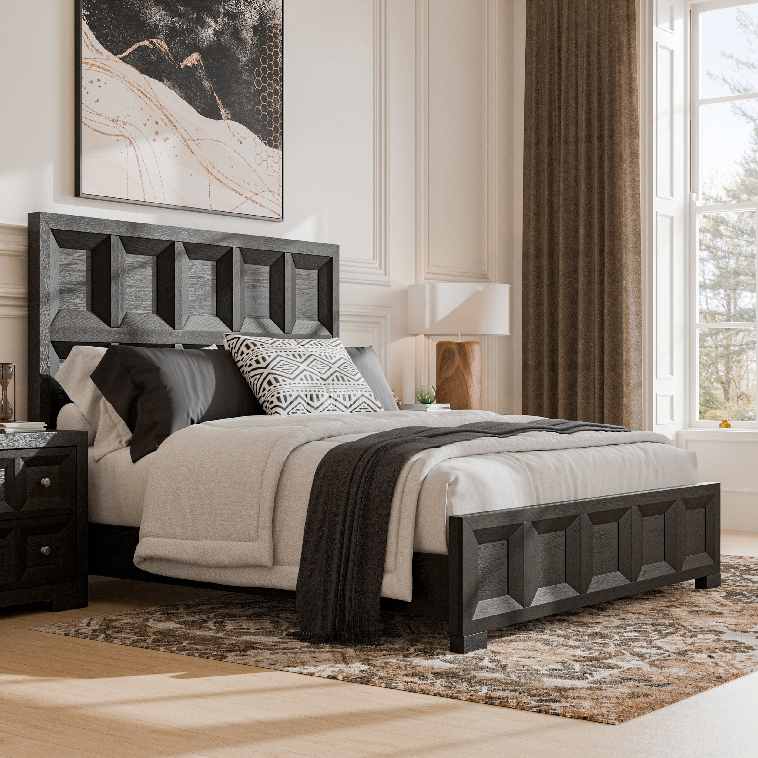 Furniture of America IDF-79011BK-EK Flonnin Weathered Black King Wood Panel Bed