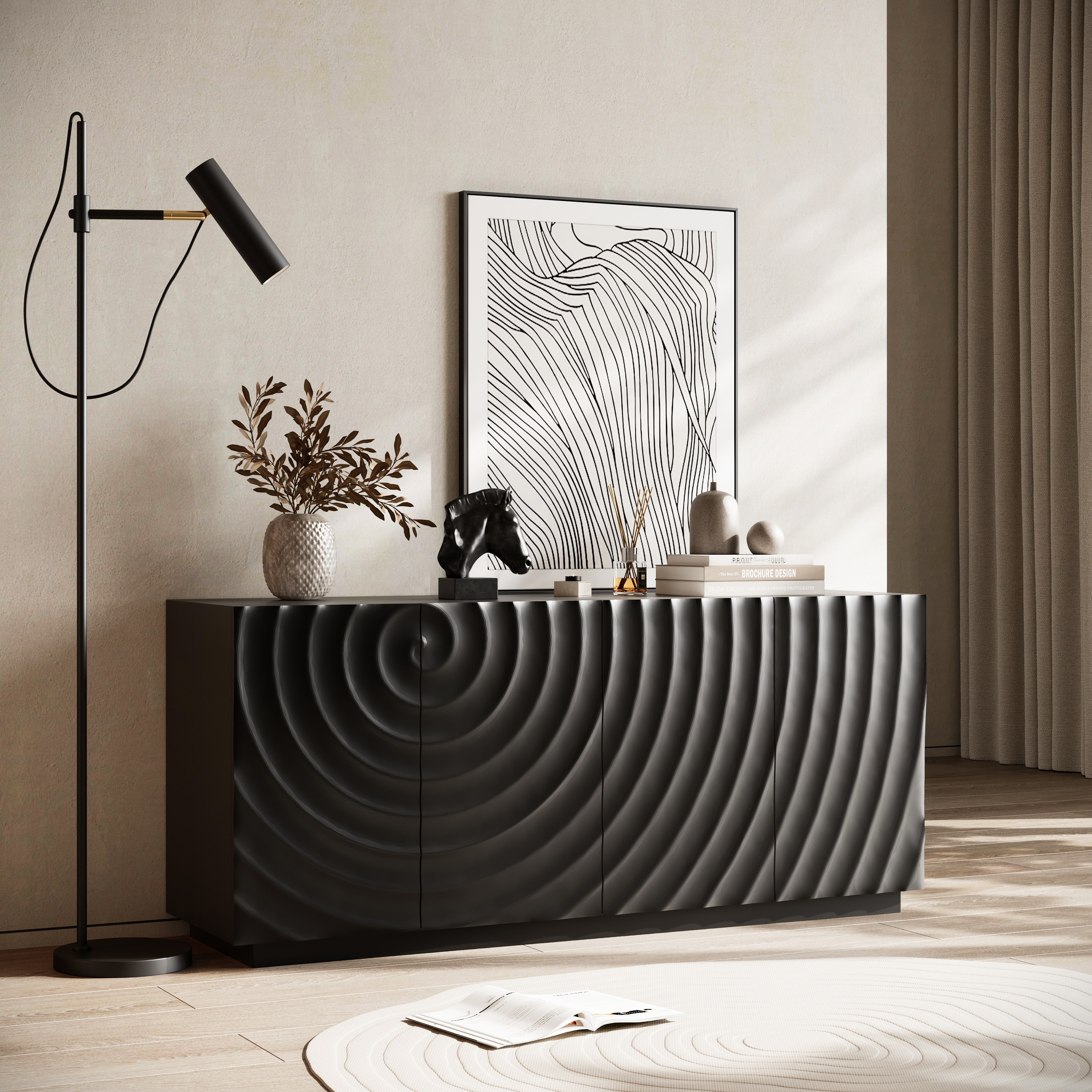 LOVMOR SF-R-W2263P353560 Buffet Cabinet with Storage 4 Doors Modern Accent Storage Sideboard Luxurious Floor Cabinet Buffet with Freestanding Anti Dumping(Black)