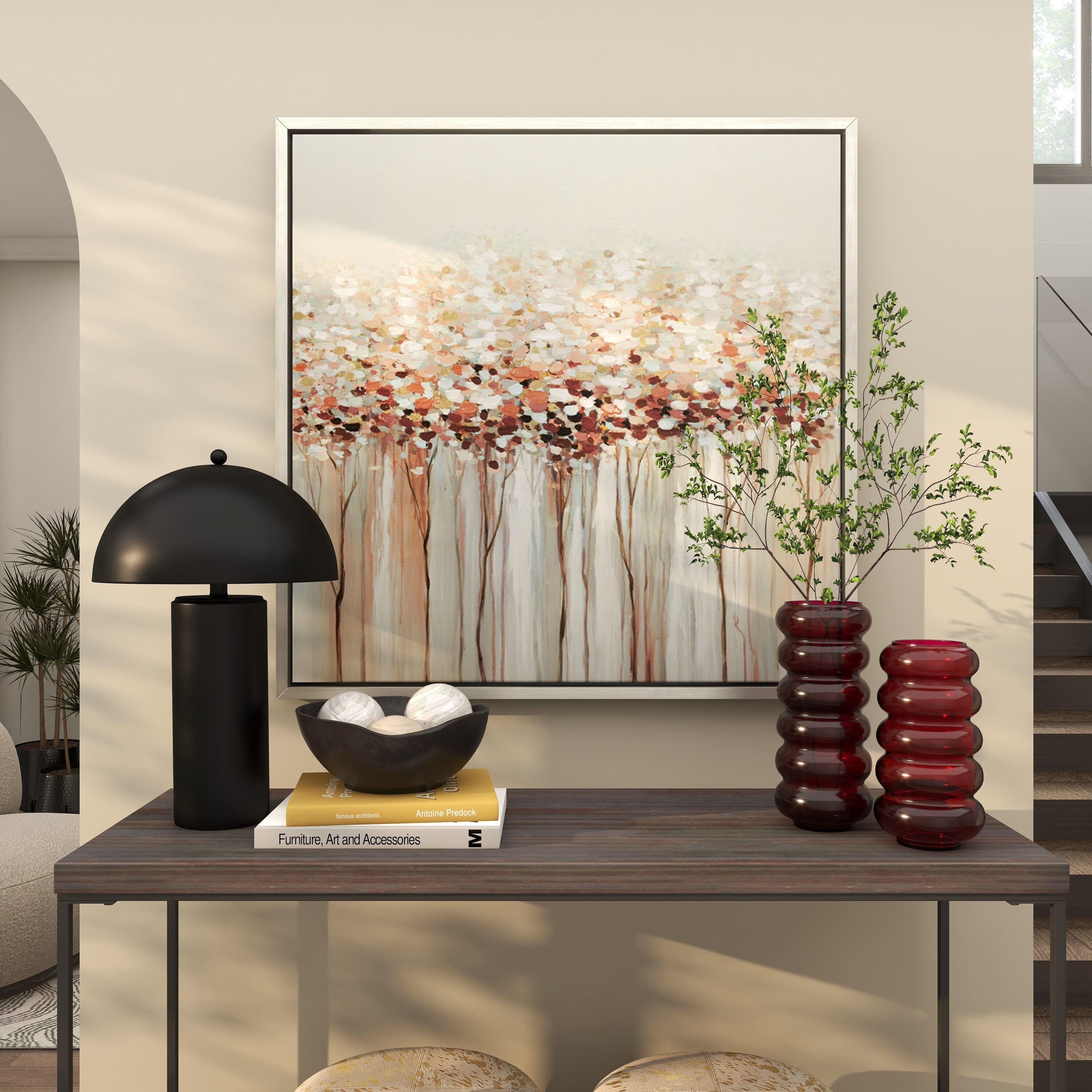 White and Beige Abstract Tree Framed Canvas Wall Art