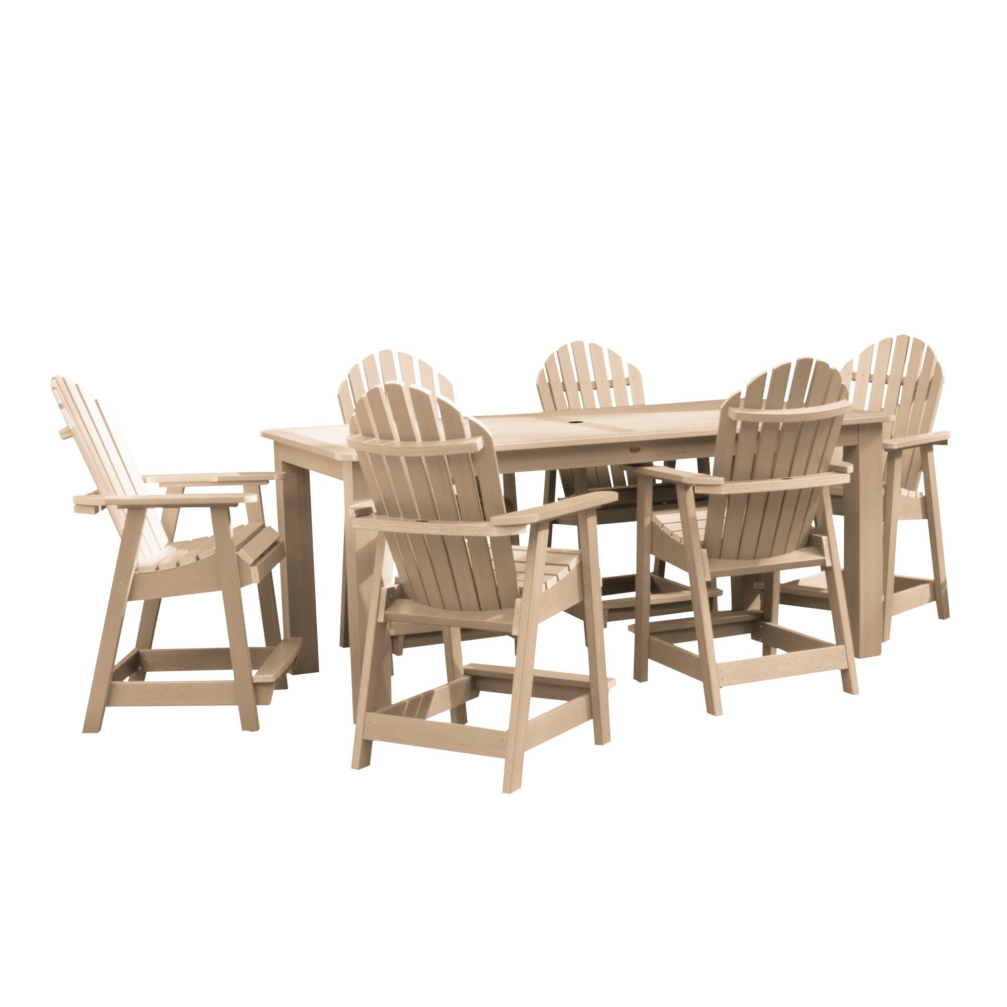 highwood AD-ST7HM2CO5BA-TAU The Adirondack 7-Piece Tan Bar Height Patio Dining Set Plastic Rectangle Table with 6 Stationary Chairs