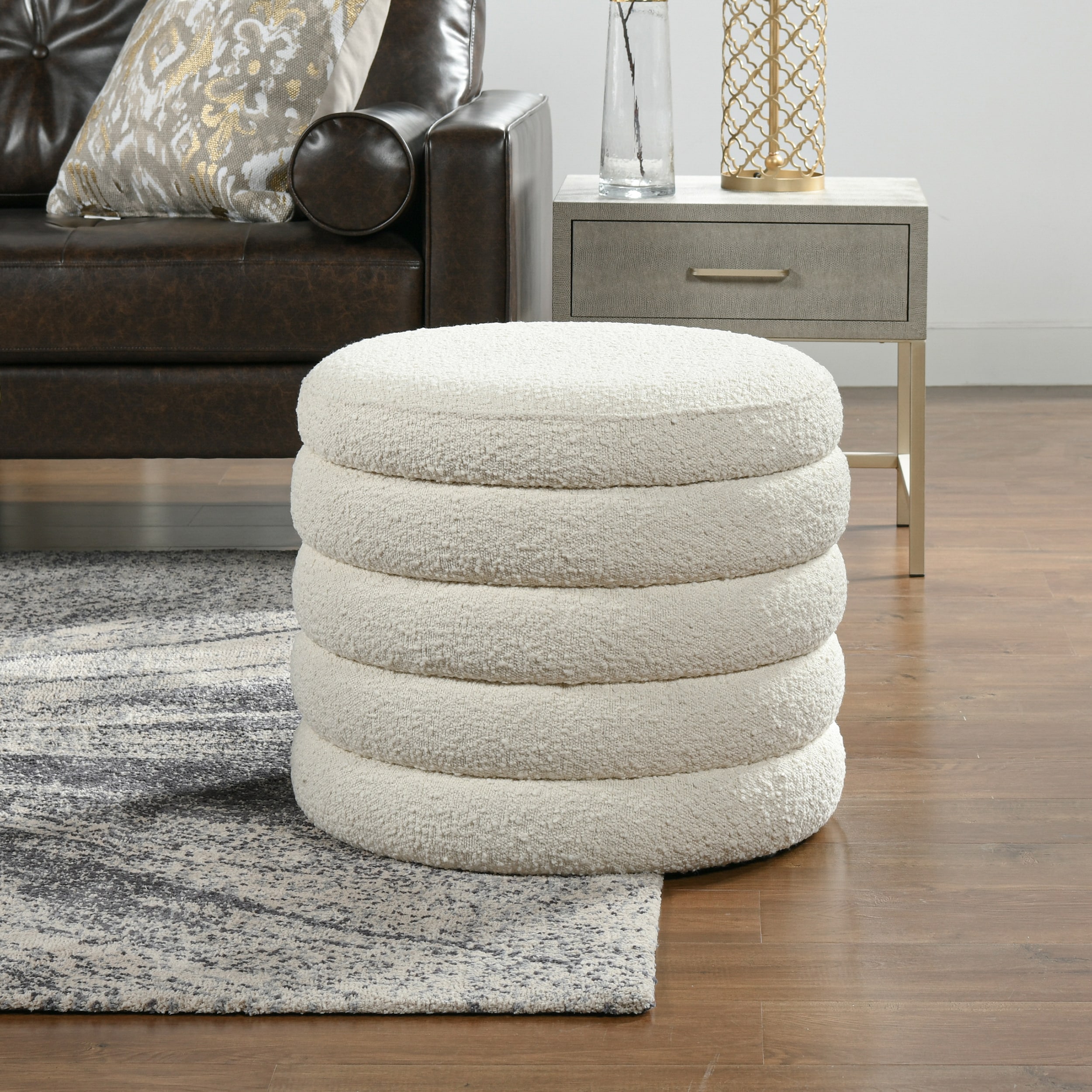 Ivory White 19" Round Boucle Storage Ottoman